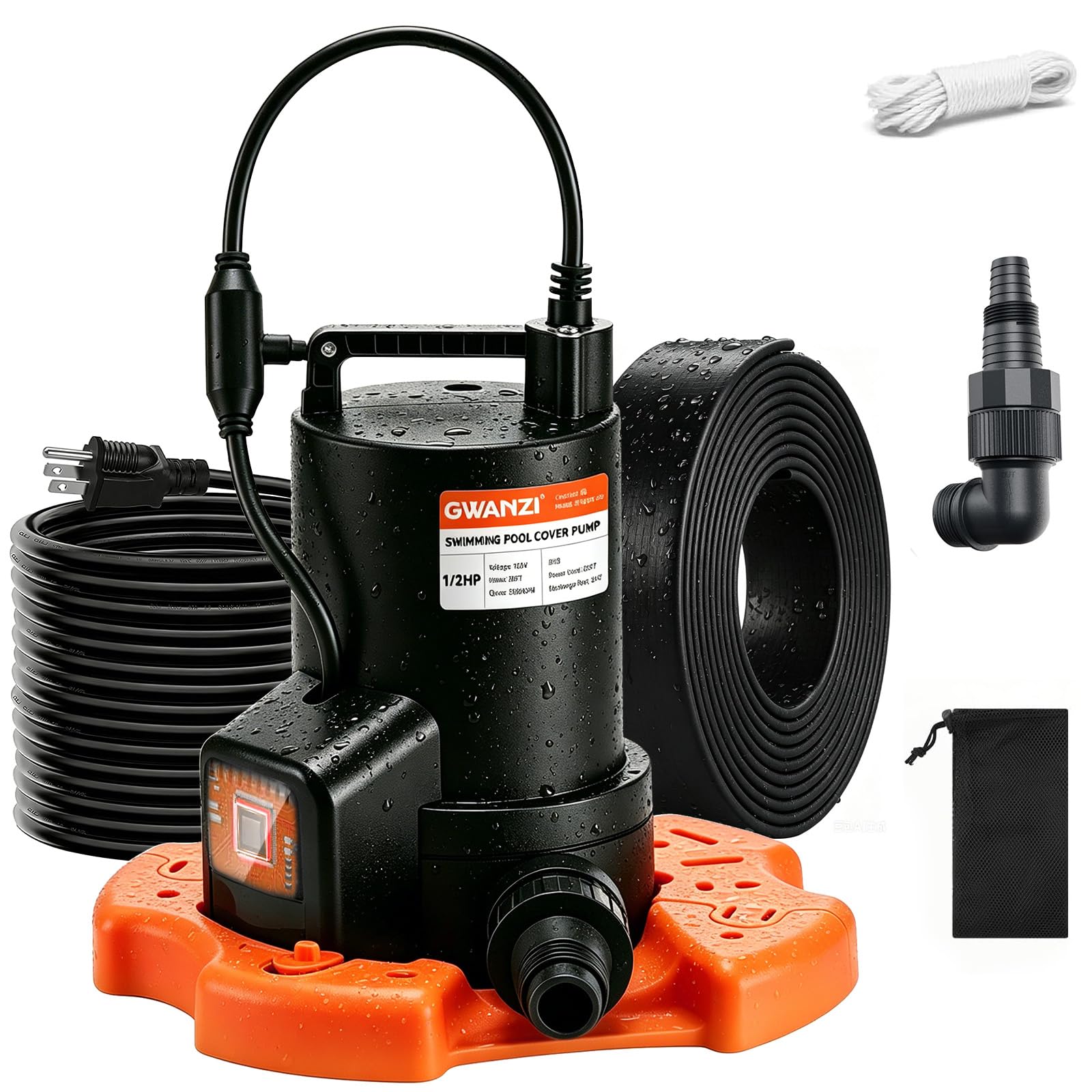 Swimming Pool Cover Pump 1/2 HP with 25ft Hose Kit Automatic 3500GPH Submersible Water Pump with Filter Net 3/4” Adapter &amp; 25ft Power Cord 110V Sump Pump for Swimming Pool Hot Tubs Pond Basement