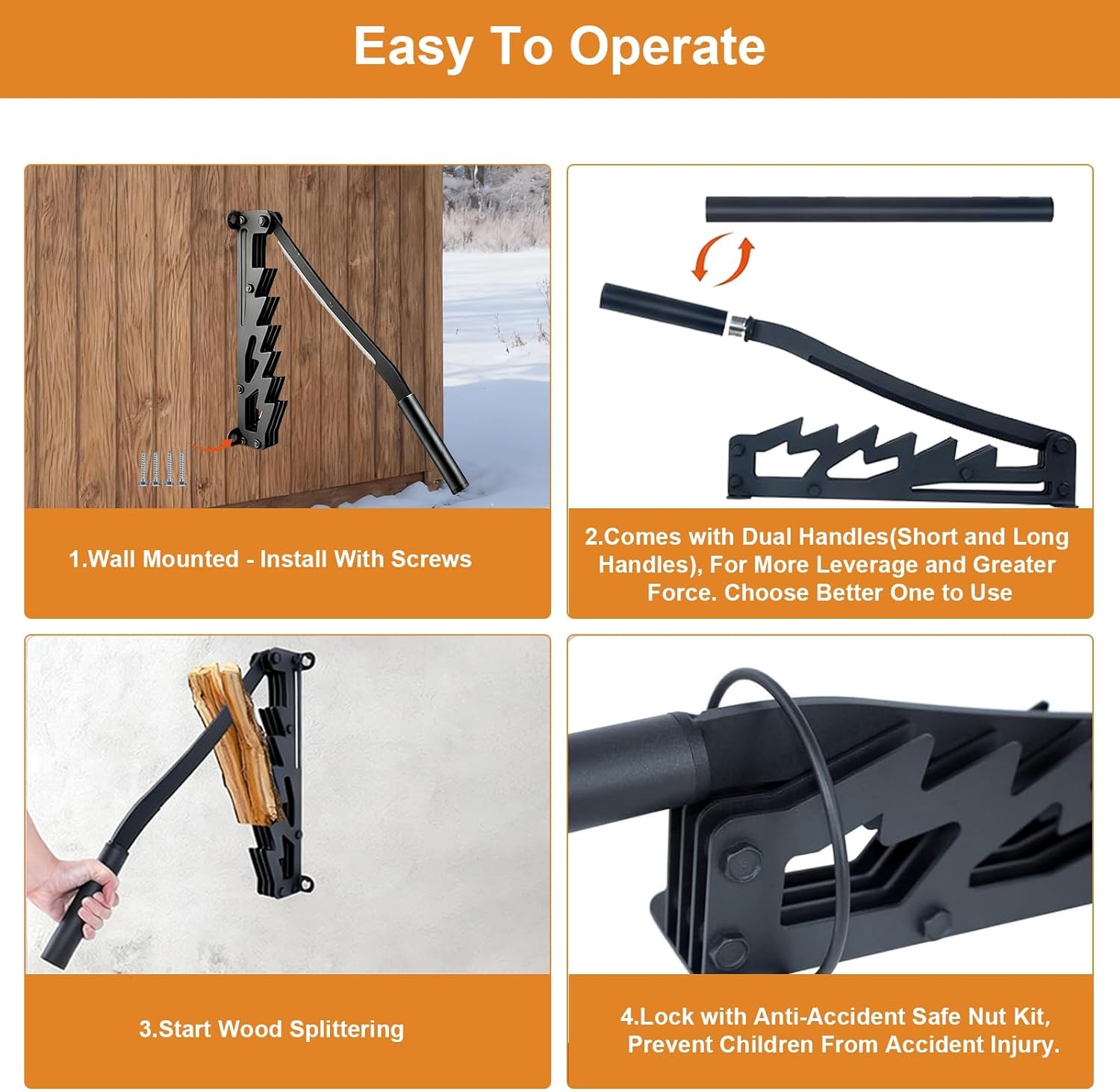 2025 Upgraded Dual-Handle Wall Mounted Wood Splitter, Lengthened Handle Carbon Steel Kindling Splitter Log Wood Cracker, Manual Kindling Splitter for Soft Firewood, Indoor and Outdoor Use