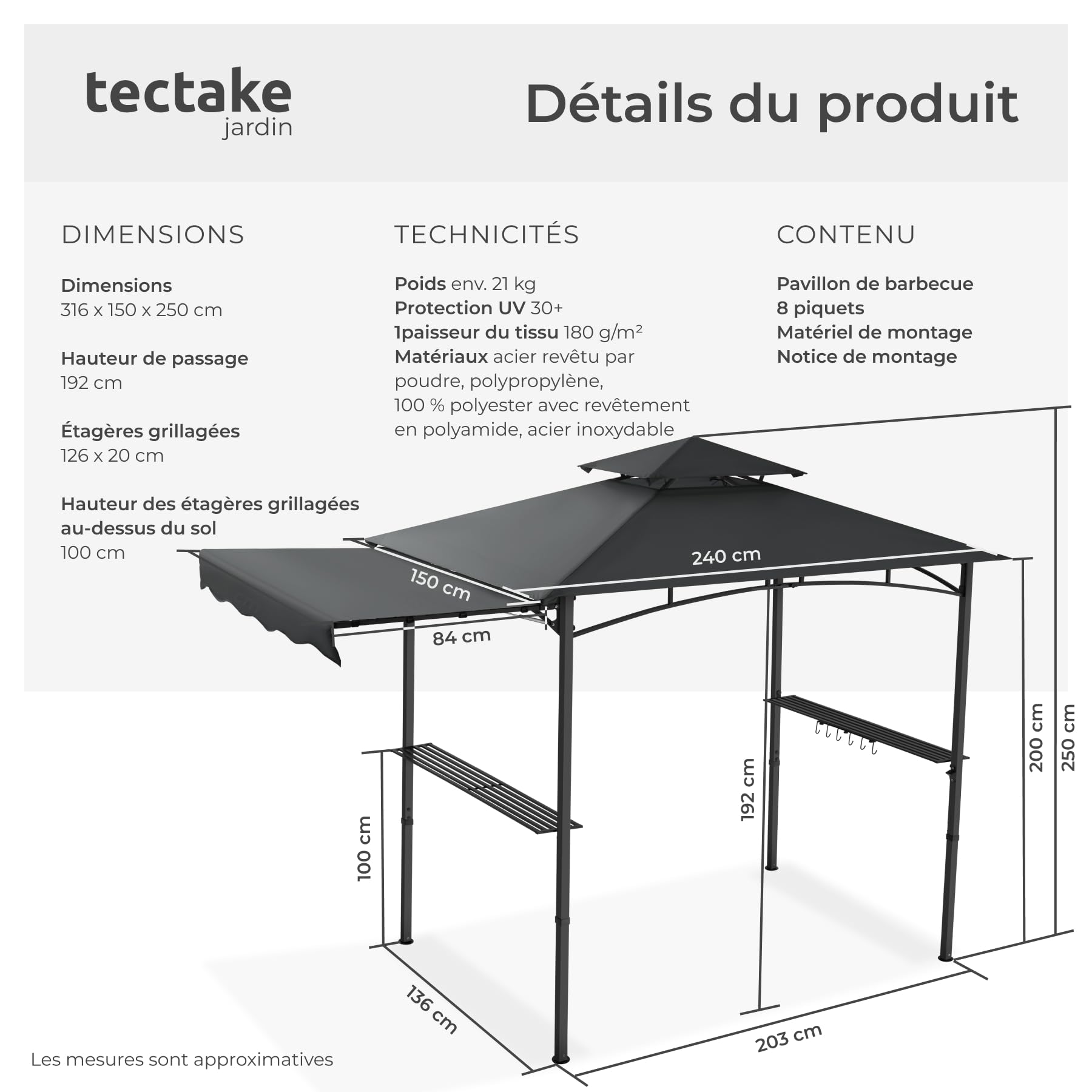 tectake® Abri de Jardin pour Barbecue Charbon, Barbecue Electrique, Plancha, Cuisine exterieure, 316x150x250 cm, Abri Barbecue Toile étanche, Protection UV, Double toiture, Résistant aux intempéries