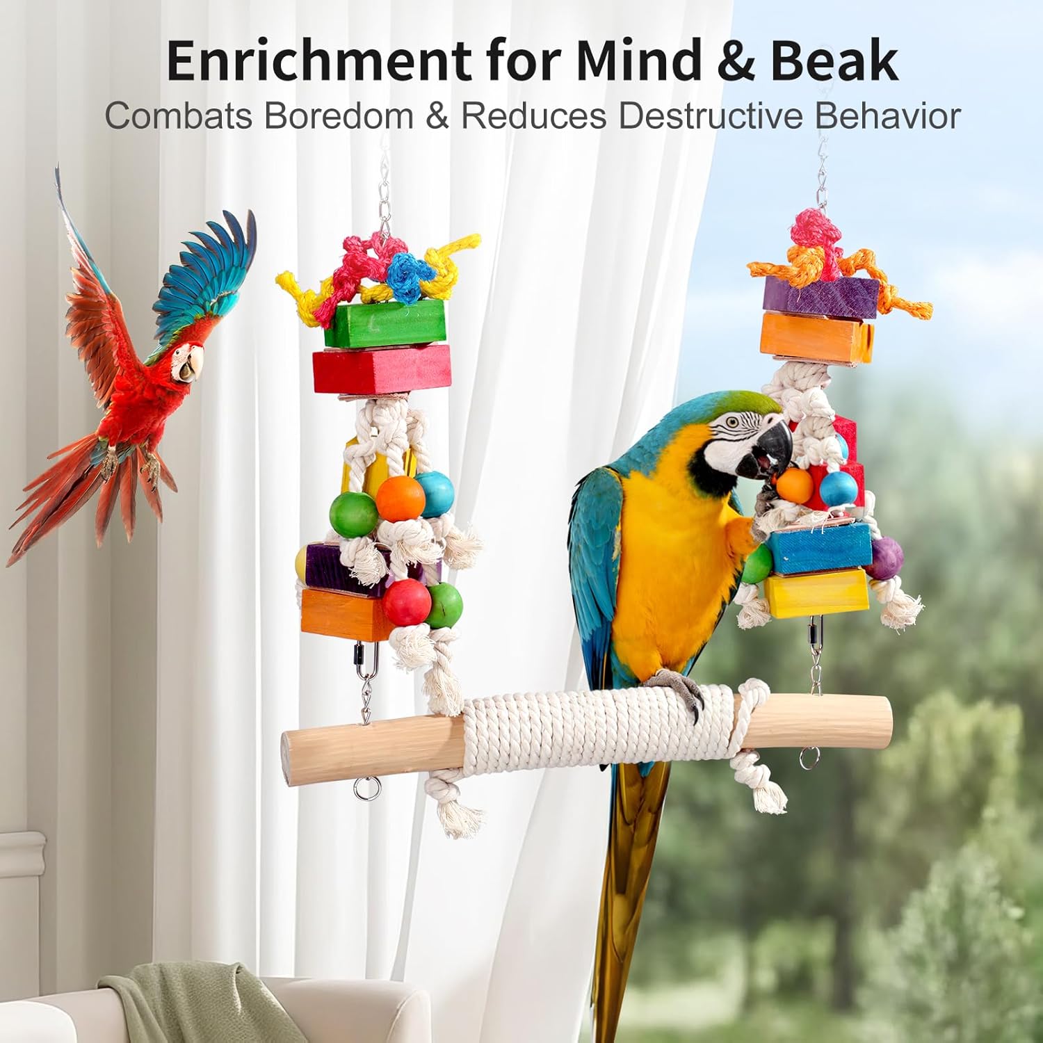 Giant Bird Toy for Large Parrots - Massive 4.6 lbs Heavy Duty Macaw Toy, 20" Extra Wide Parrot Swing with Natural Wood Blocks & Cotton Rope, Refillable Foraging Bird Toy for Cockatoos, African Greys