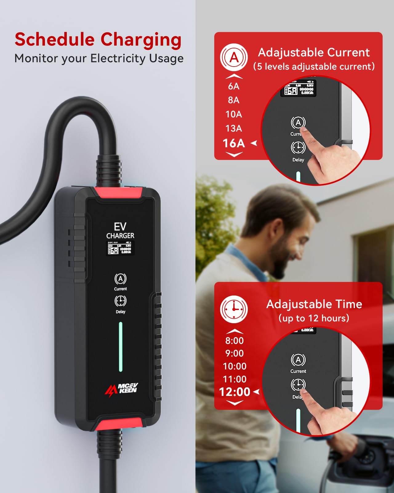 MCEVKELN Cavo di ricarica Schuko tipo 2, 3,6 kW, 12 m, caricabatterie EV tipo 2 Schuko, corrente commutabile 6 A/8 A/10 A/13 A/16 A, monofase, IP65, 12 m, modalità 3, cavo di ricarica per auto