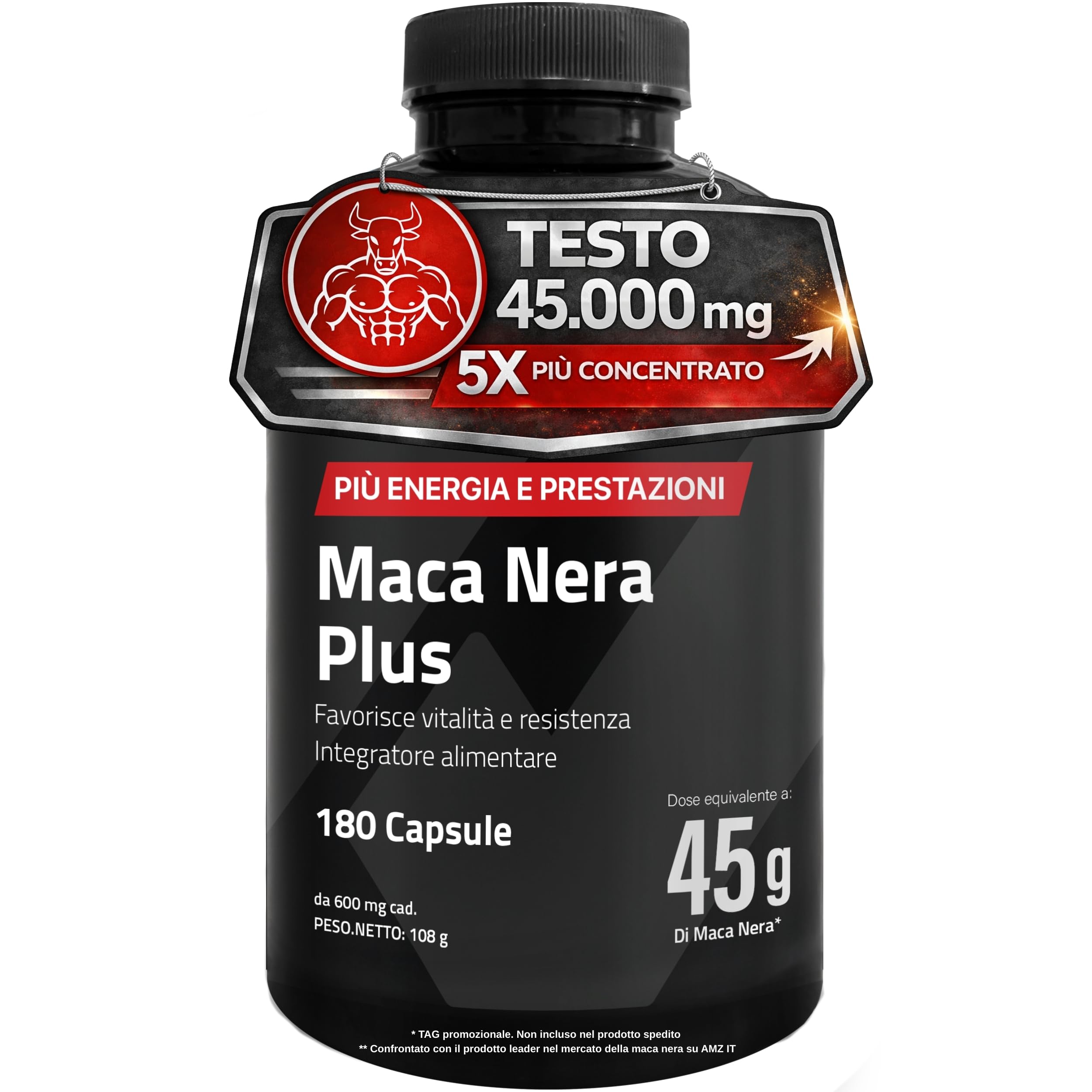Maca Peruviana Plus – Maca Nera 45.000 mg Equivalenti (100:1), Arginina, Taurina, Vitamina B6 – Testosterone Uomo – 180 Capsule – Vegano, Senza Glutine né Lattosio – Pre workout, Energia e Muscoli