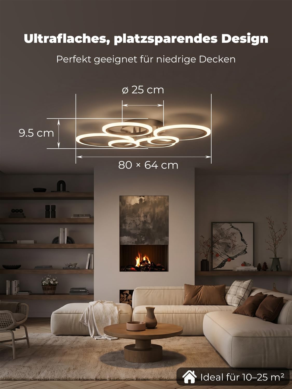 Deckenlampe Led mit Fernbedienung & APP, Decken Lampen mit 6 Ring, Dimmbar, Licht Memory Funktion mit Timer, Moderne Deckenleuchte Rund Wohnzimmer Flur Schlafzimmer, Schwarz