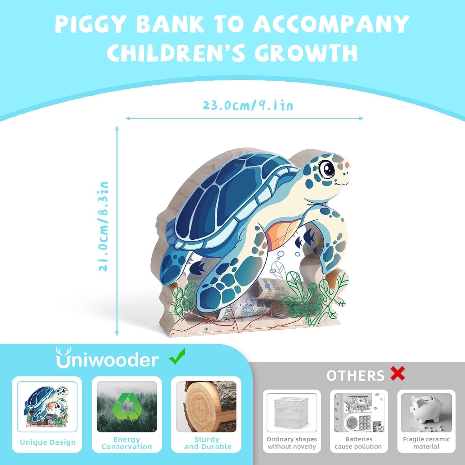 Wooden Sea Turtle Piggy Bank for Kids, Unbreakable Sea Turtle Kids Coin Bank with Stickers, Cashbox Money Bank Birthday Gifts for Boys, Girls, Educational Toys for Boys, Girls, Home Decor