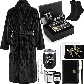 Sieral 9 Pcs Men Bulk Gifts Set, Care Package for Men Dad with Bathrobe, Socks, Tumbler, Notebook, Pen, Bookmark, Candle, Card Gift Box, Get Well Birthday Basket for Husband FatherClassic,Black