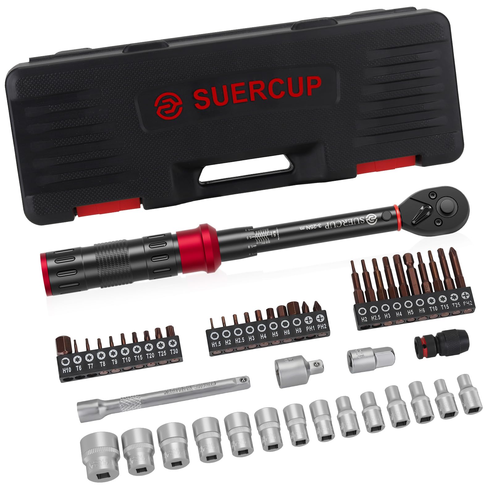 SUERCUP 1/4" 50 PCS Torque Wrench Set, 3-25Nm 72 Tooth Drive Click Torque Wrench Set with S2 Bit Sockets, 1/4" Extension Bar and 3/8" Adapter, Used