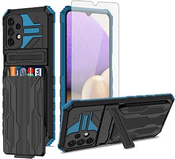 Asuwish Phone Case for Samsung Galaxy A32 5G 2021 6.5 inch with Tempered Glass Screen Protector Cover and Card Holder Stand Cell Gaxaly M32 G5 Galaxies A 32 32A S32 SM-A326U A326U Women Men Blue