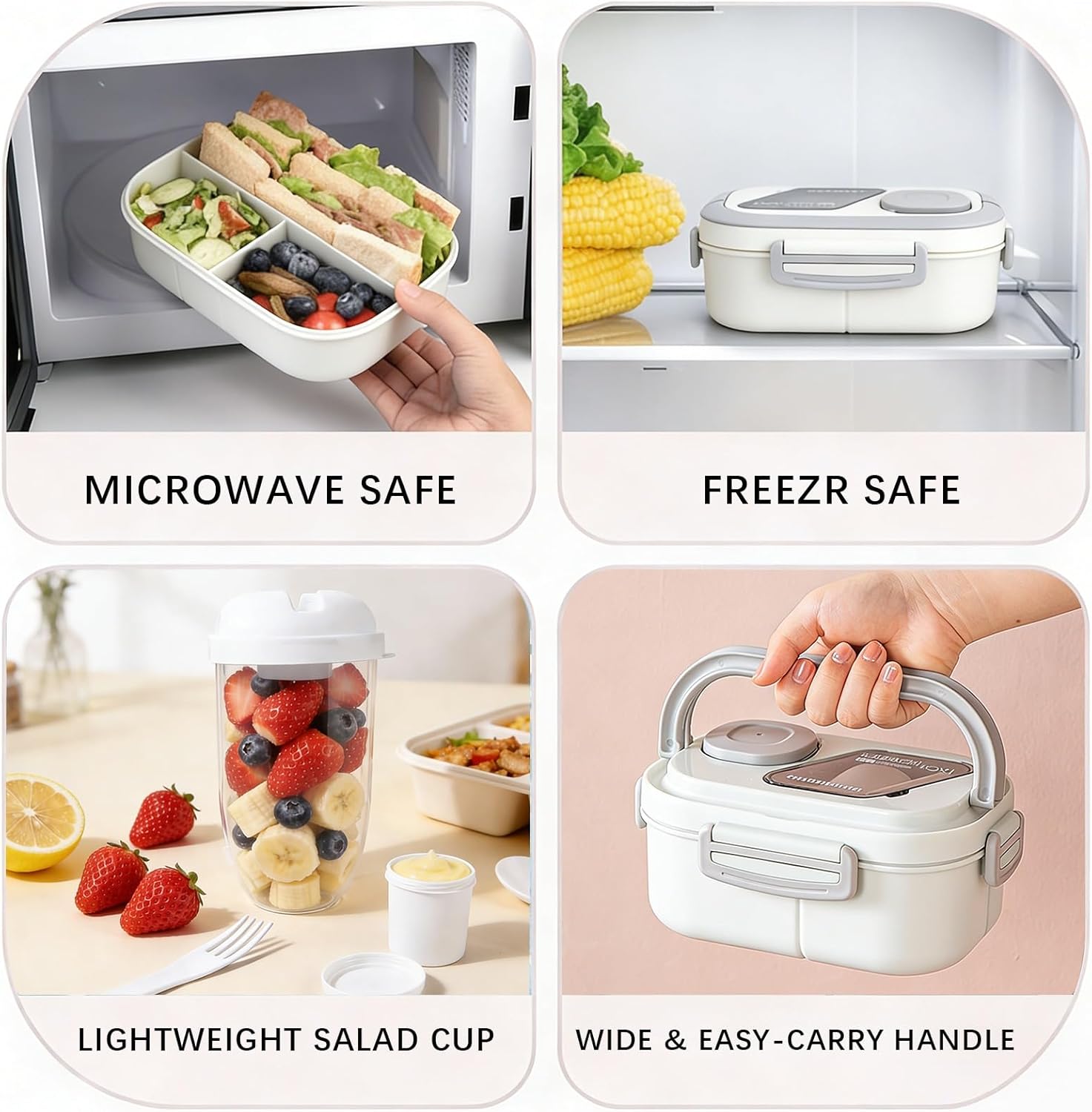 Adult Bento Lunch Box Set with Thermo Bag - Modern Minimalist Design, Leak-Proof Lunchbox with Built-in Utensil & Sauce Container, White Salad Cup for Work & Dining Out