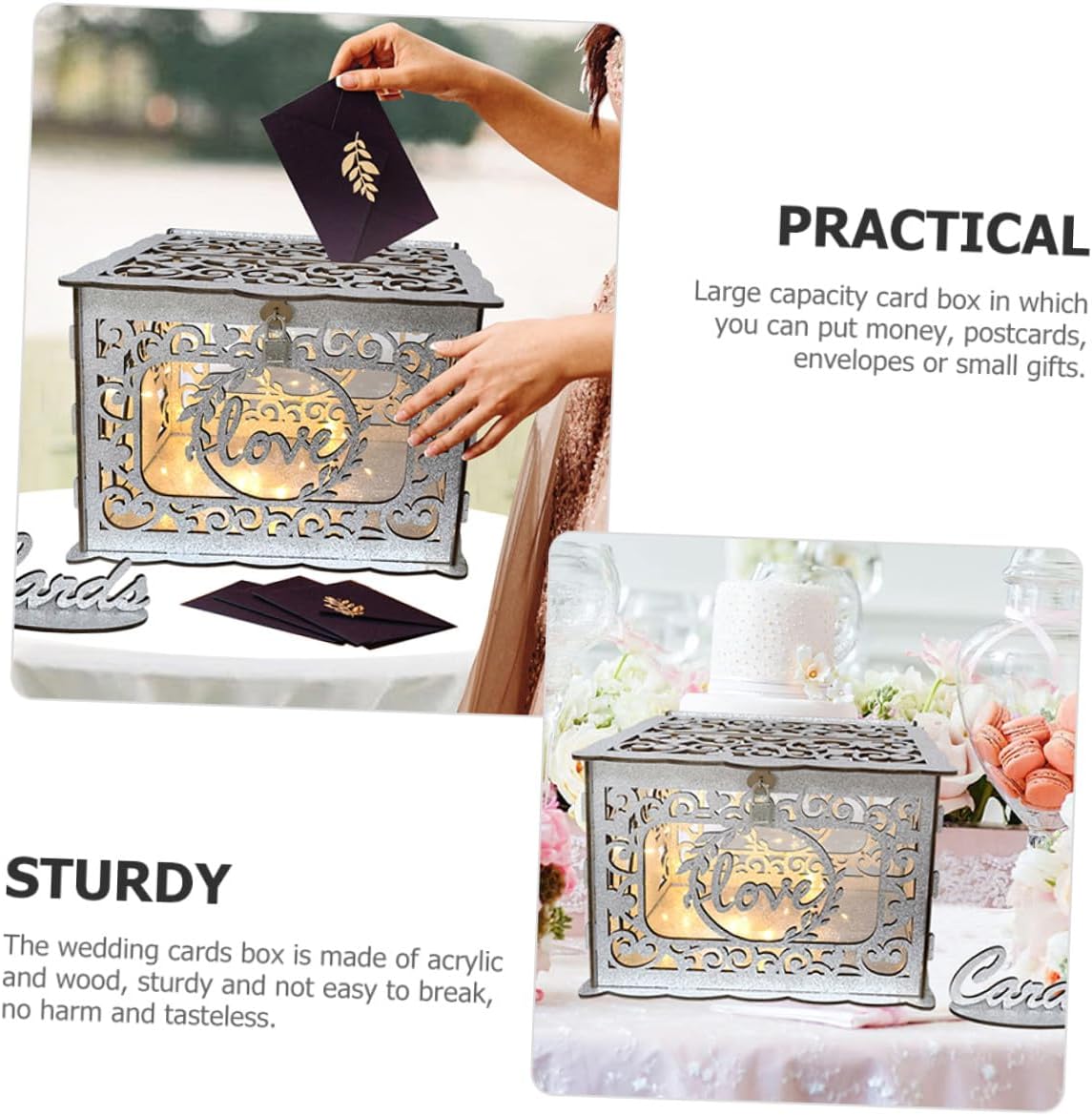 FRCOLOR Hollow Wooden Wedding Card Box with Glitter Design Portable Wood Card Holder for Envelopes and Money for Wedding Reception and Party