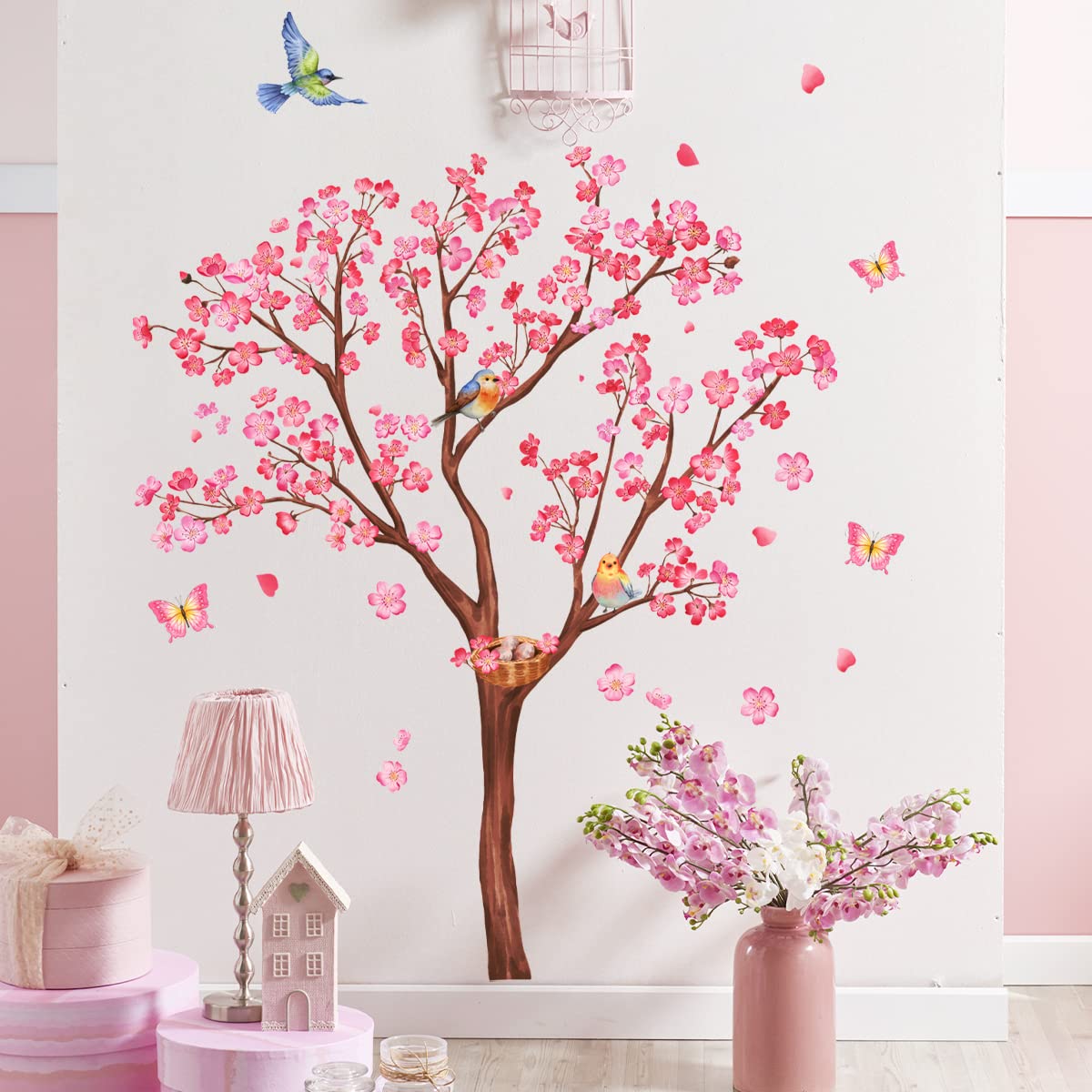Amazon.co.jp: ZARROUEA ピンクの桜ですウォールステッカー 花 鳥 蝶