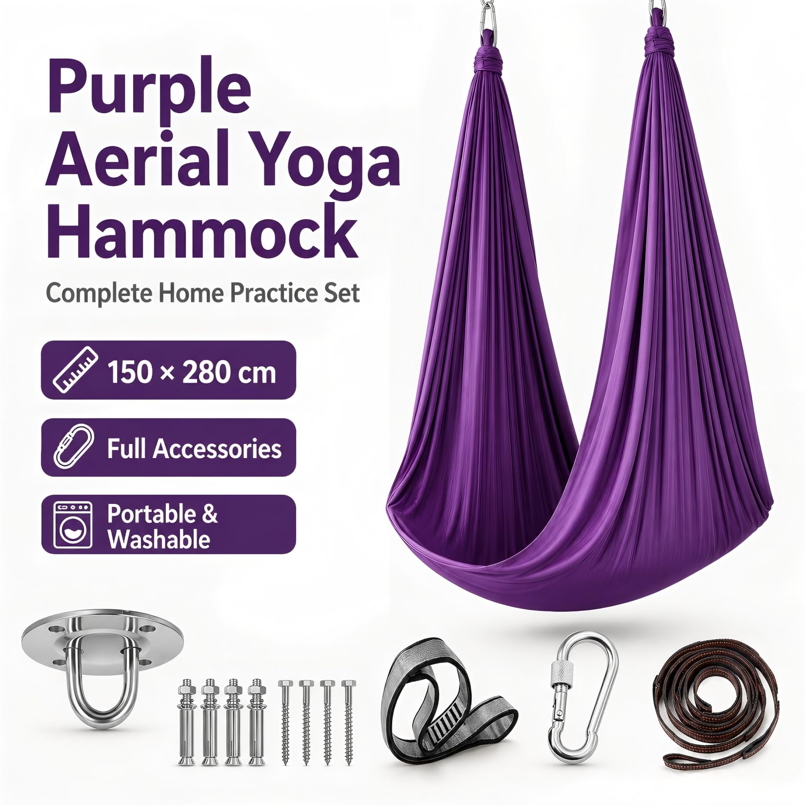 Hamaca de Yoga aérea de 280x150 cm, Columpio Colgante para Yoga con Accesorios, soporta hasta 200 kg, Ideal para Entrenamiento y estiramientos (Morado)