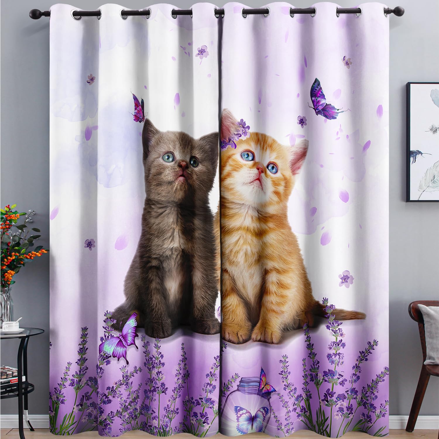 AILONEN Cartoon Cat Window Curtains Drapes, Kawaii Kittens with Purple Flower Curtain Tiers for Kids Girls Boys,Cute Pet Cat Lover Window Treatment for Bedroom, 52