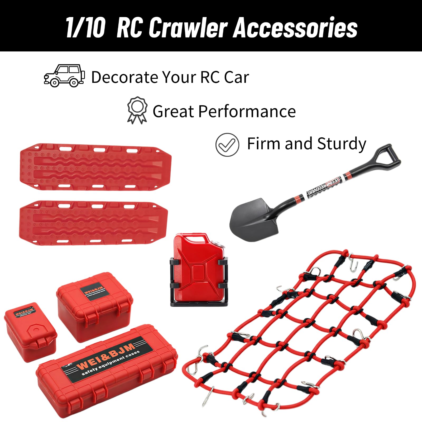 Set de 8 Accesorios para RC Crawler 1/10, Decoración de Coche RC con Red de Equipaje y Kit Scale Deko, Compatible con Modelos 1:10 como Traxxas TRX-4, Axial SCX10 III (Rojo 1/10)