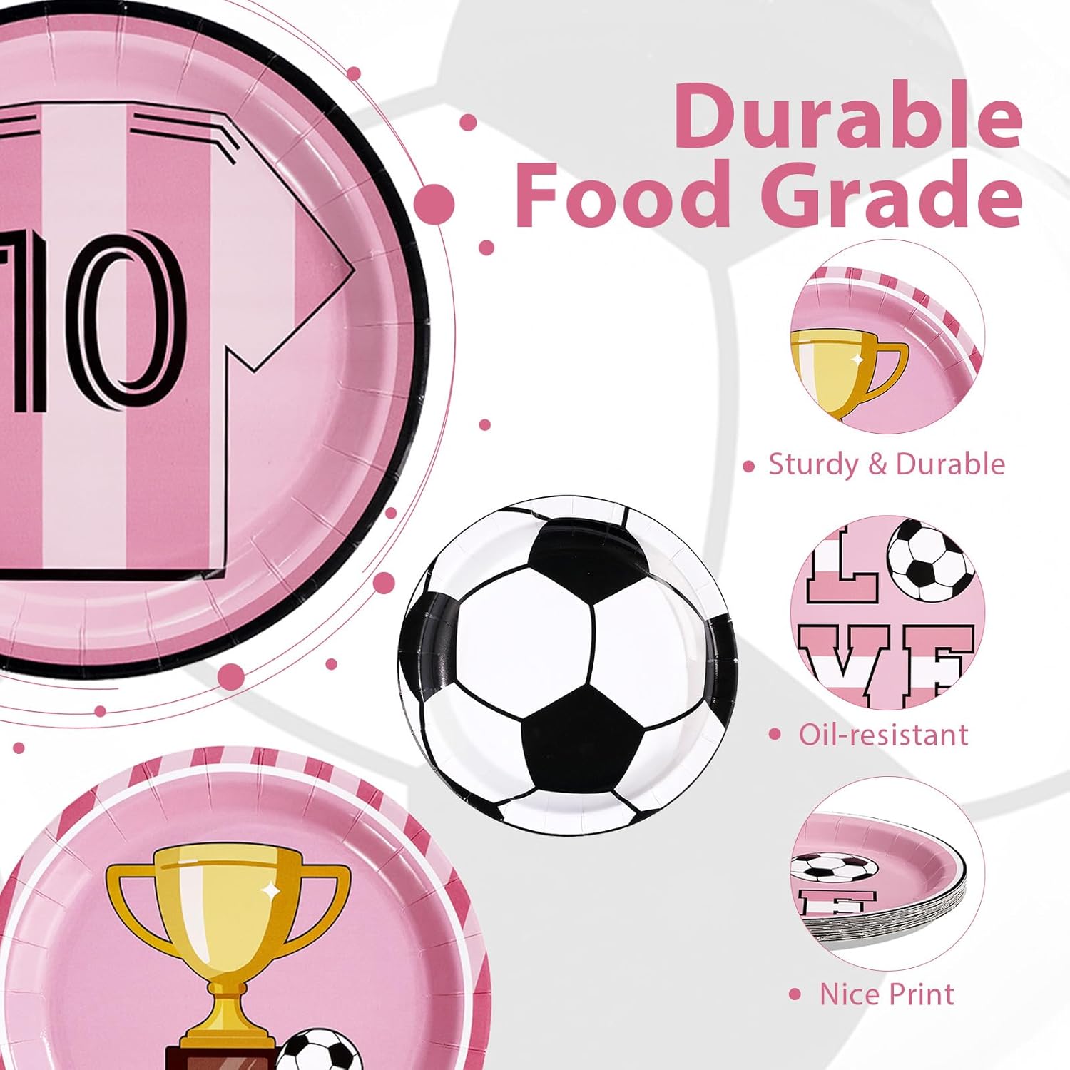 60Pcs Soccer Paper Plates 9" Heavy Duty Soccer Star Dessert Paper Plates Disposable Pink and White Football Platters for Football Fans Birthday Party Baby Shower Sport Party Decor - Image 3
