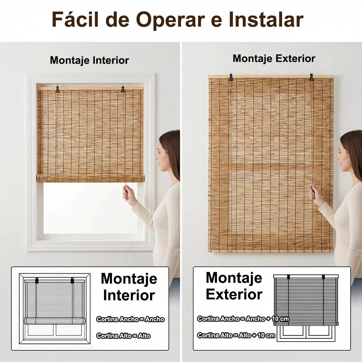 Persianas Enrollable Cortina de Bambu Exterior, 80 100 120 200cm, Opacidad 70% Persianas Enrollables Exterior para Porche Cenador Terraza, Natural Estores de Bambú, Protección Solar(W160cm x H120cm)