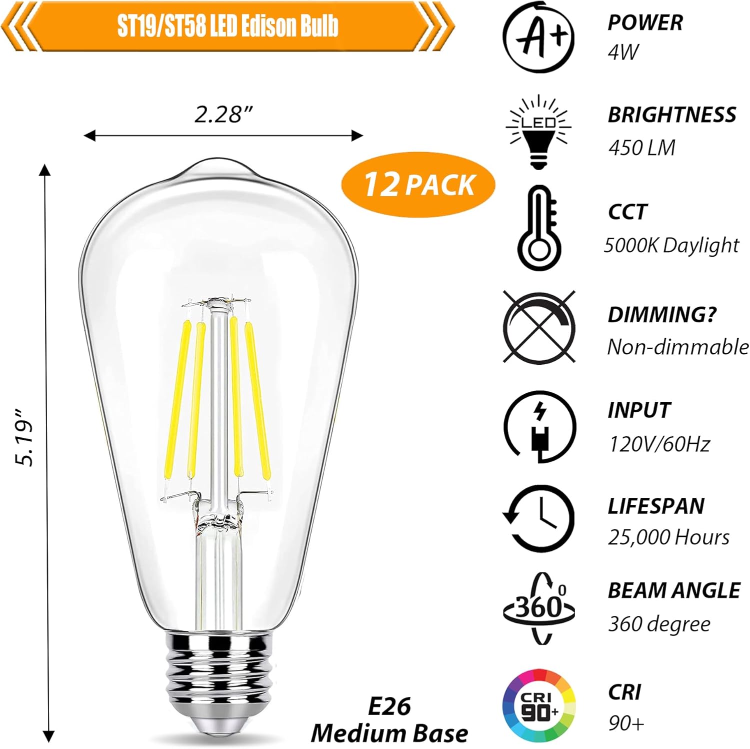 5000K Daylight LED Edison Bulbs 40W Equivalent, 4W ST19 LED Light Bulb, E26 Standard Base, 90 CRI, Non-Dimmable, 12 Pack