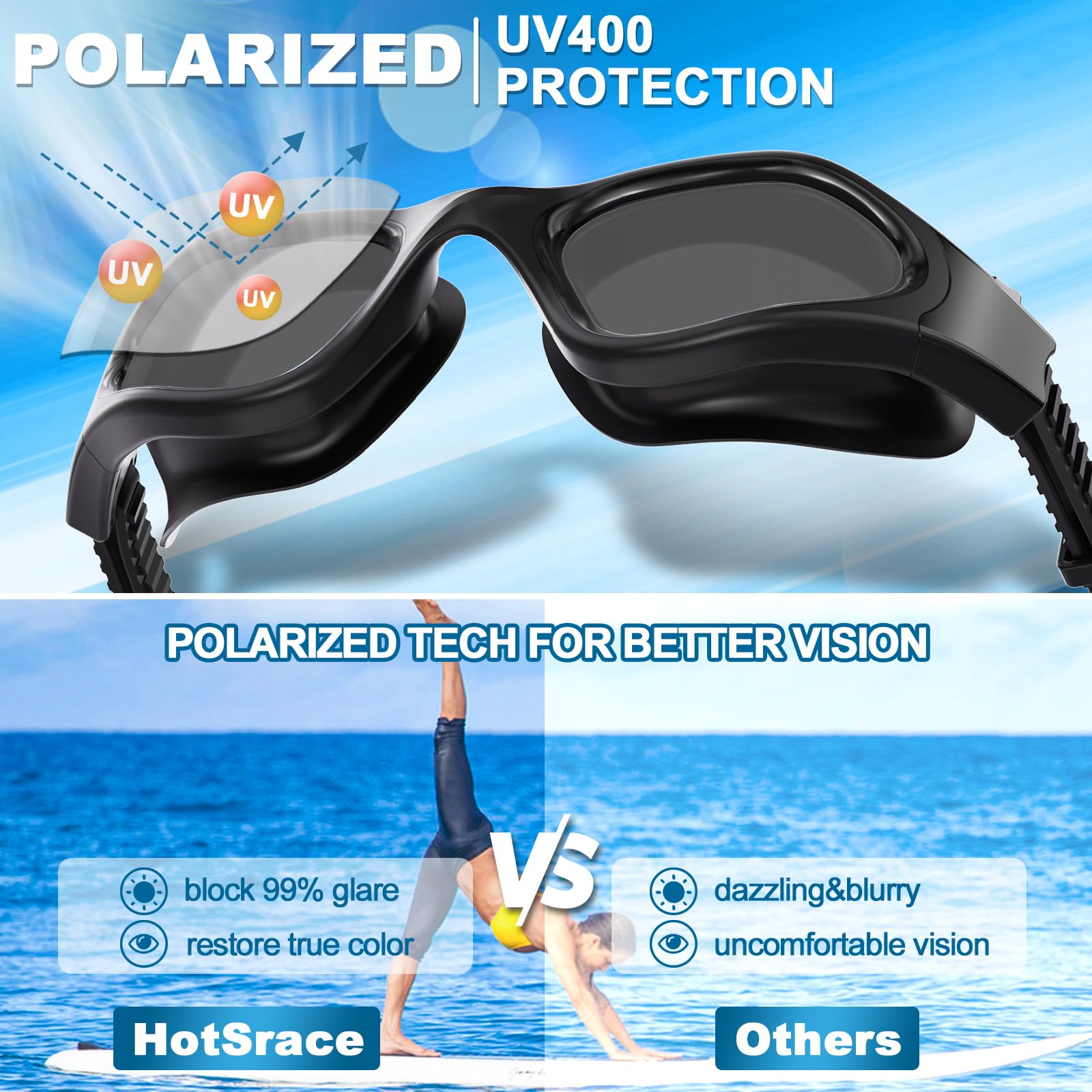 HotSrace Occhialini da Nuoto Polarizzati,Occhialini Piscina Protezione UV Impermeabile Anti-Nebbia Comfort Fit per Uomo Donna Unisex Adulto Adolescenti