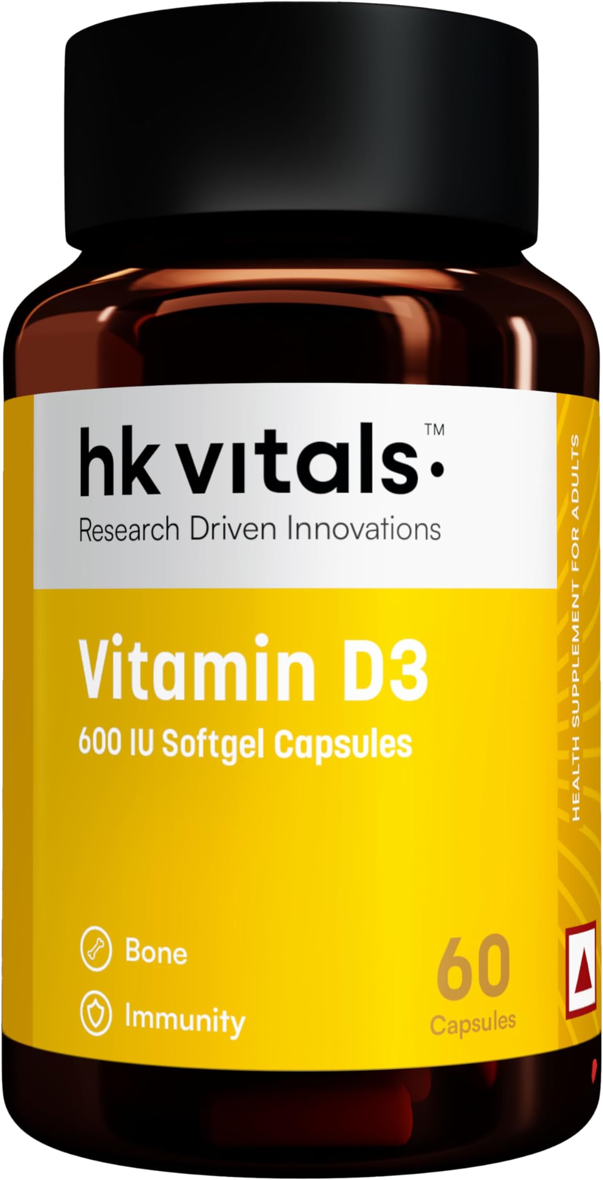 HealthKart HK Vitals Vitamin D3 (600 IU), with Sunflower Oil, Promotes Calcium Absorption, Bone Health, Muscle Strength & Immunity, 60 Vitamin D Capsules