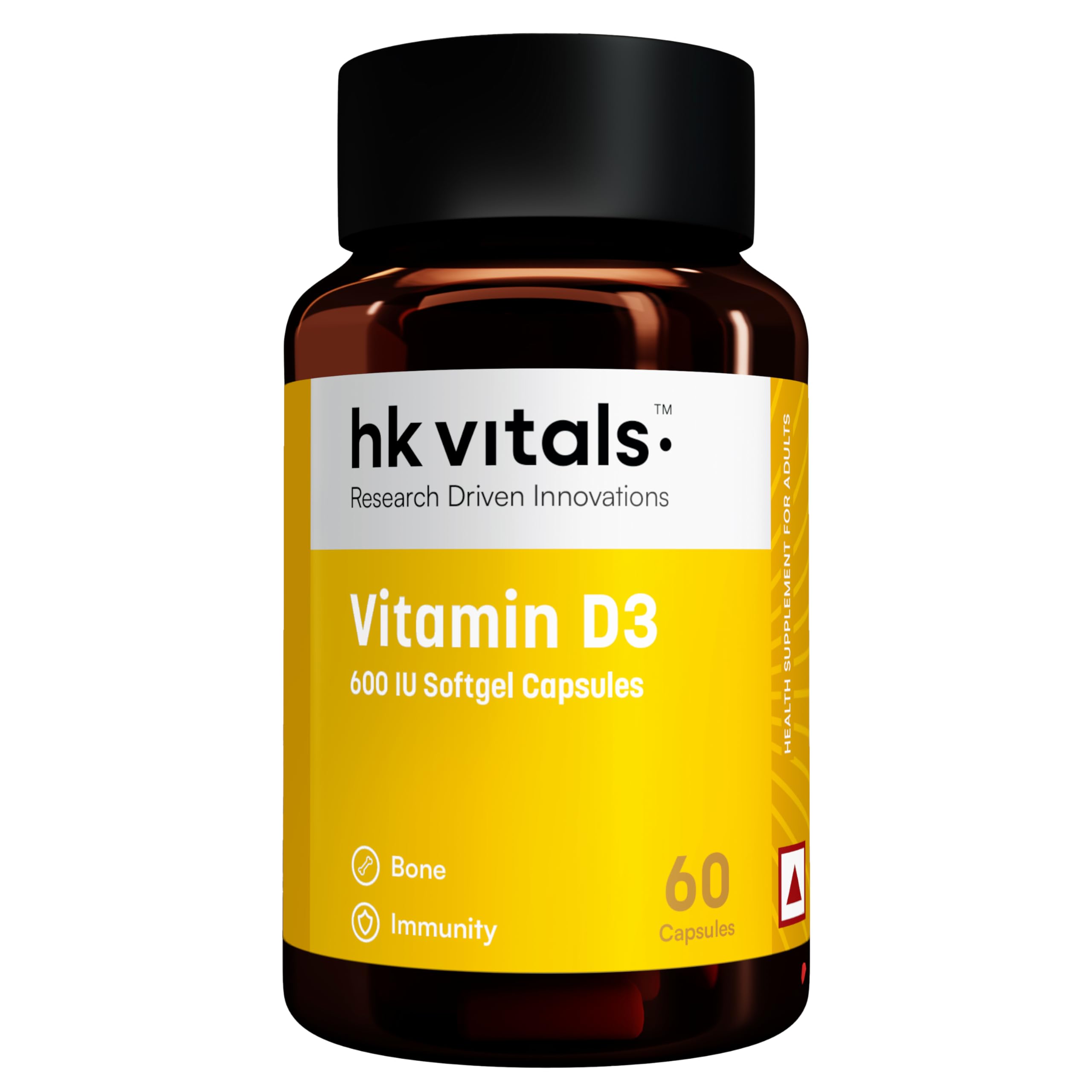 hk vitals Vitamin D3 (600 IU) (60 Capsules) | With Sunflower Oil, Promotes Calcium Absorption | Bone Health, Muscle Strength & Immunity