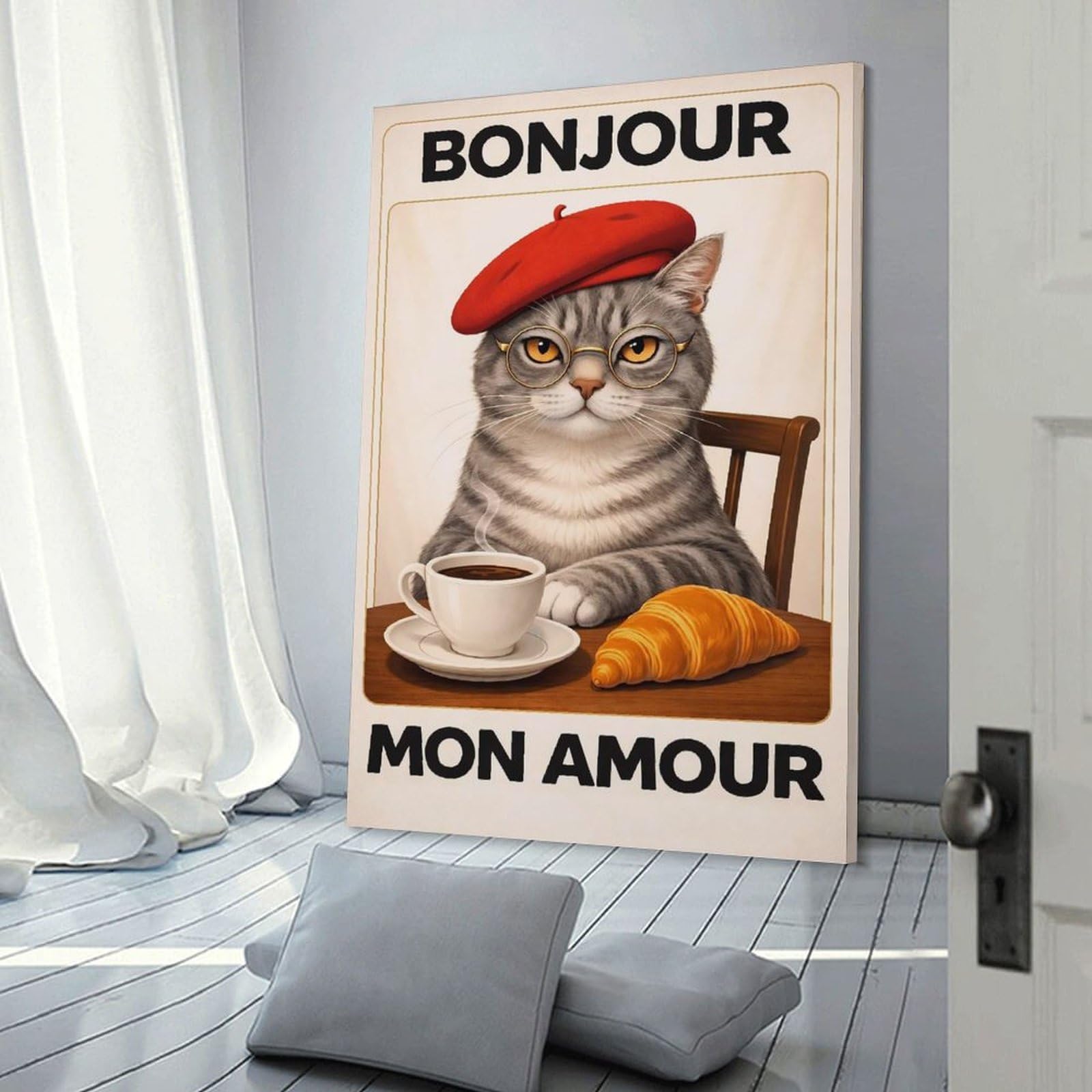 Junmoney Frame-Style-14 Bonjour Mon Amour Cat Wall Decor Canvas Print, 20X30inch(50X75cm), For Flats, Guest Rooms Or Compact Rooms, A Simple Refresh For Blank Walls