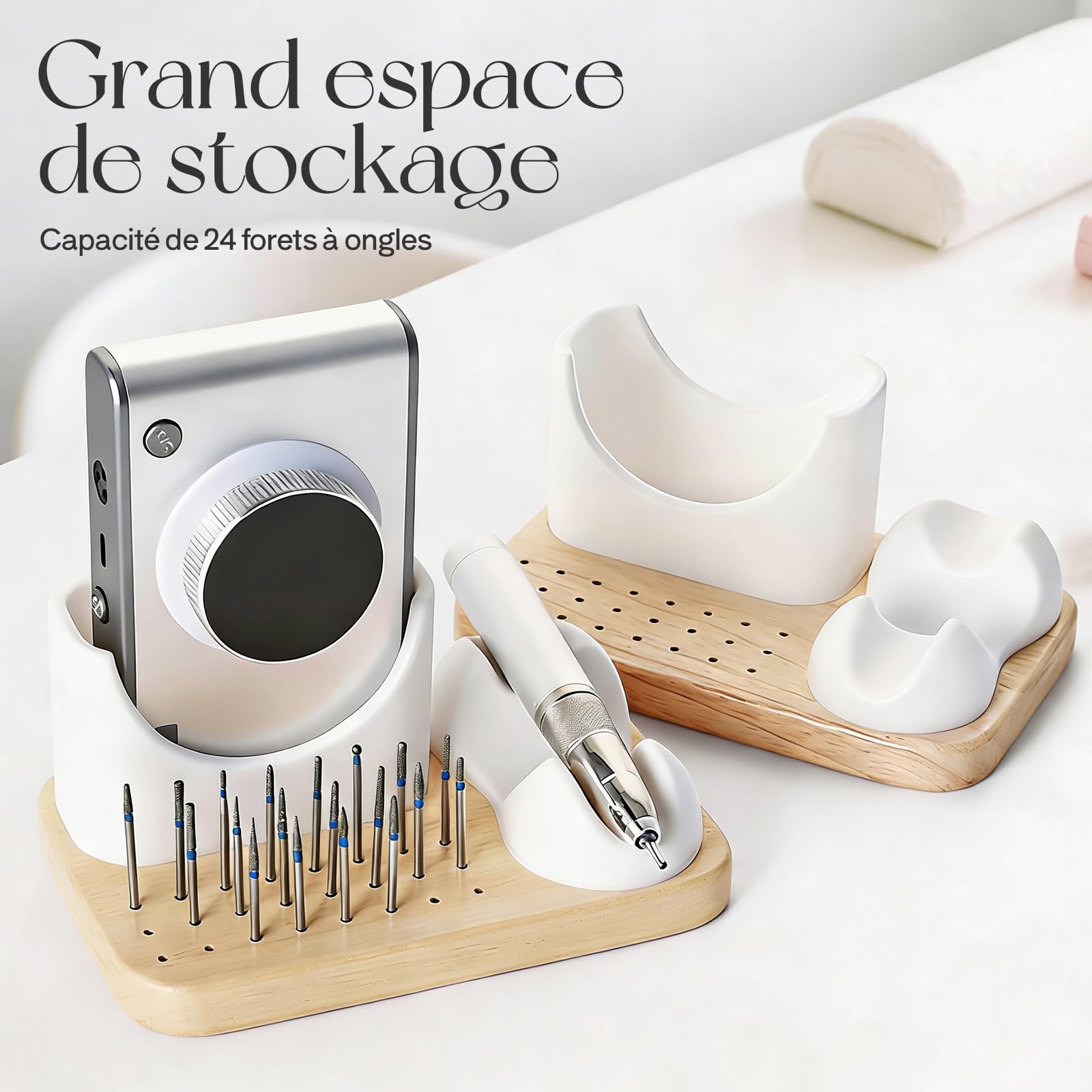 MagiDeal Support en Bois pour Ponceuse à Ongles, 3 en 1 boîte de Rangement pour Forets à Ongles, 24 Trous Porte-Embouts à Ongles Outils de Manucure, Base en Bois, Support Facile D'accès pour Manucure