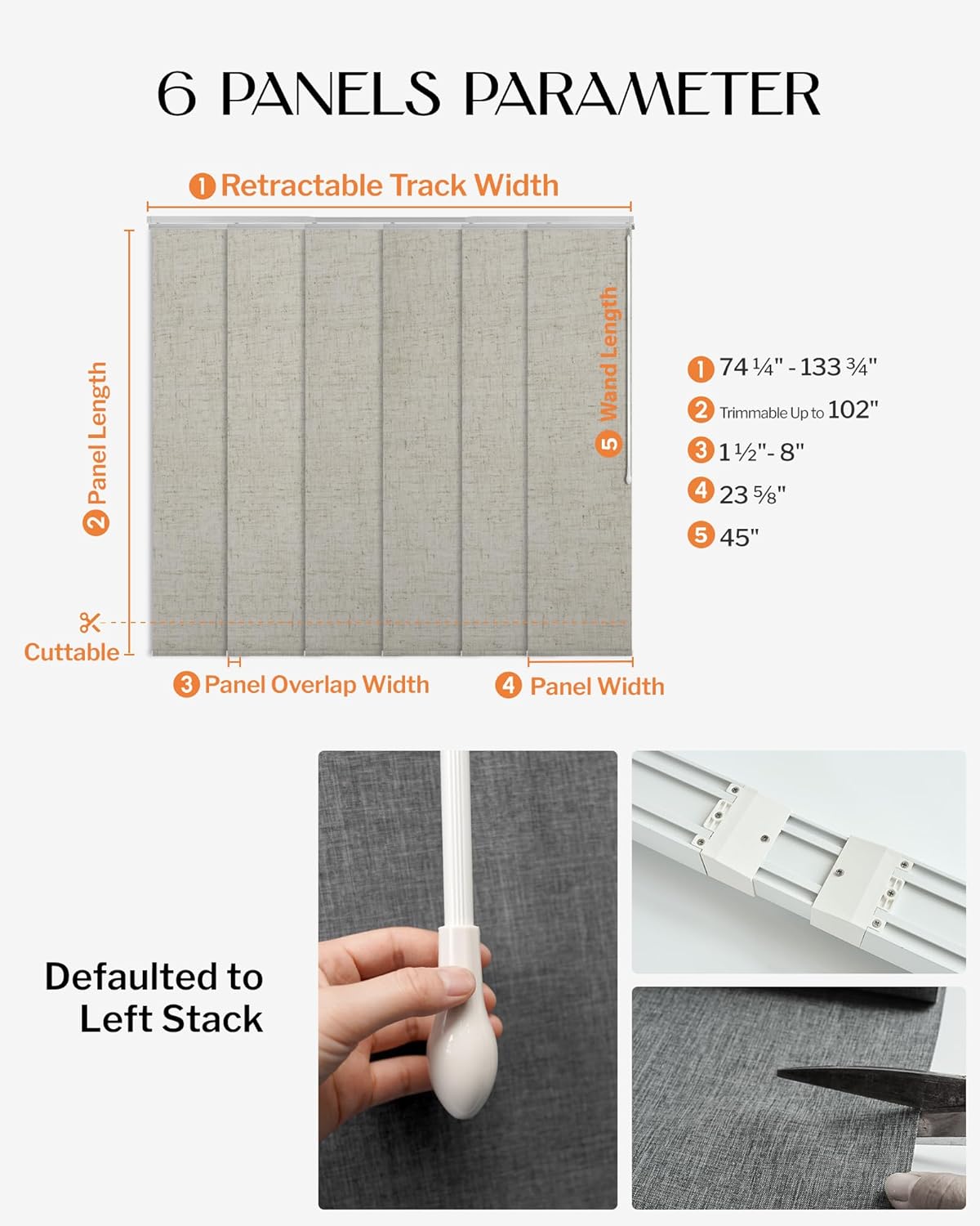 Adjustable Panel Track Blinds Blackout Vertical Blinds, Retractable Track from 74" to 133" W, Trimmable Panel Up to 102" H (Linen Beige)