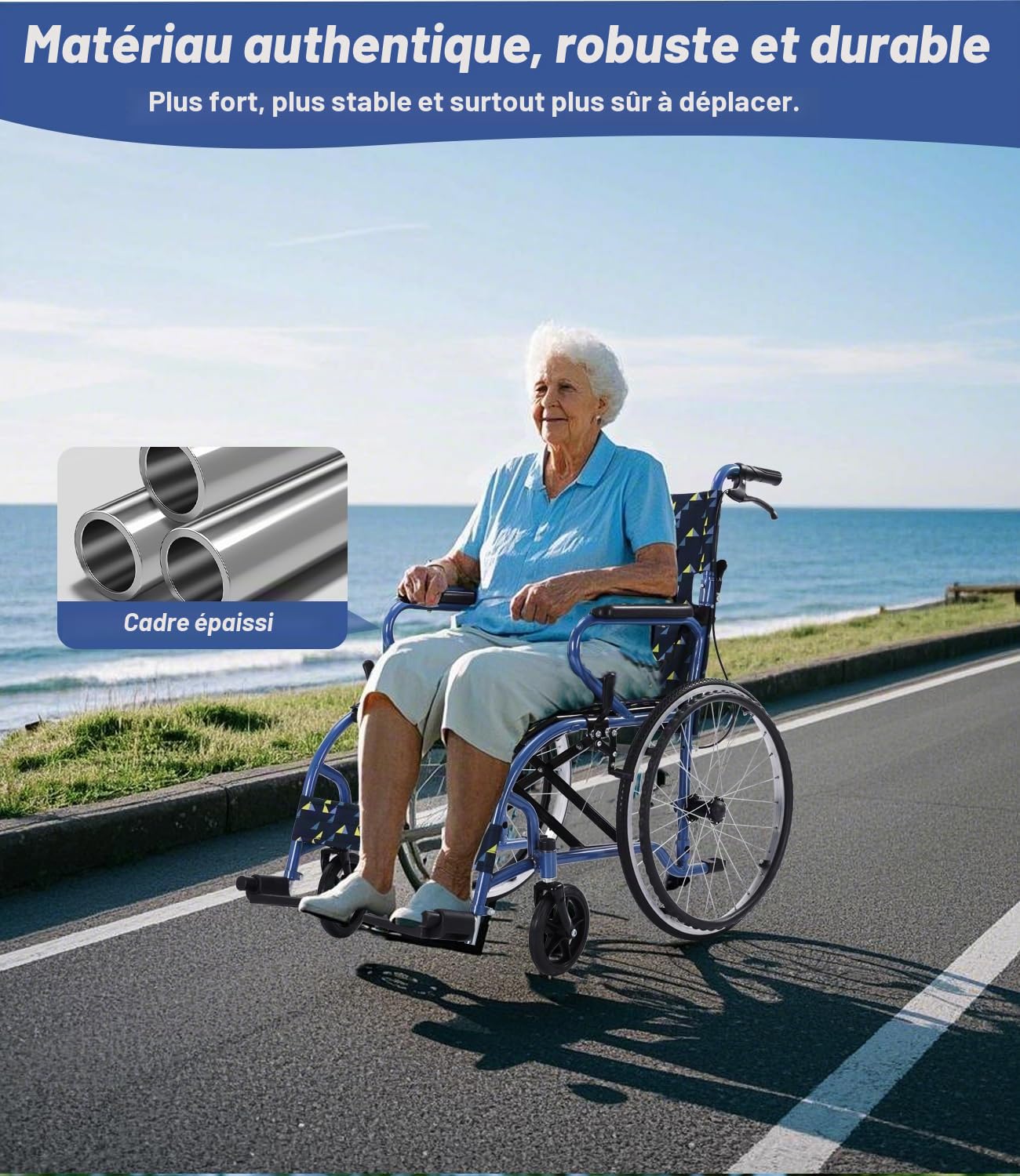 Fauteuil roulant pliable, léger, jusqu'à 120 kg, double frein, 12,5 kg, auto-propulsion, personnes âgées, roue arrière 50 cm anti-crevaison