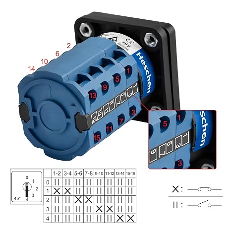 Heschen Universal Rotary Cam Selector Changeover Switch LW28-20/0-4.4 660V 20A 5 Position 4 Phase 16 Terminals