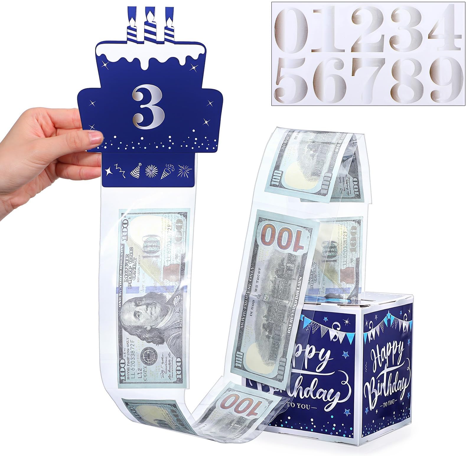 Telooco Birthday Money Pull Box for Cash Gift for Any Age, Blue Surprise Money Roll Gift Box with Pull Out Card and DIY Self-Adhesive Number Stickers for Men Boys Party Decor Gifts Ideas