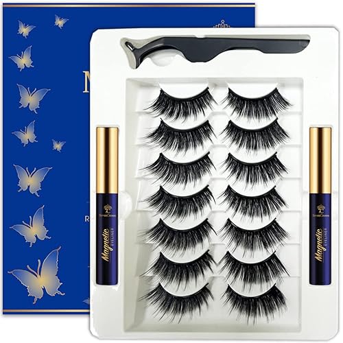 7C SevenCrown Pestañas magnéticas 3D de volumen completo medio con 2 tubos mejorados de delineador magnético, impermeables, aspecto natural, larga