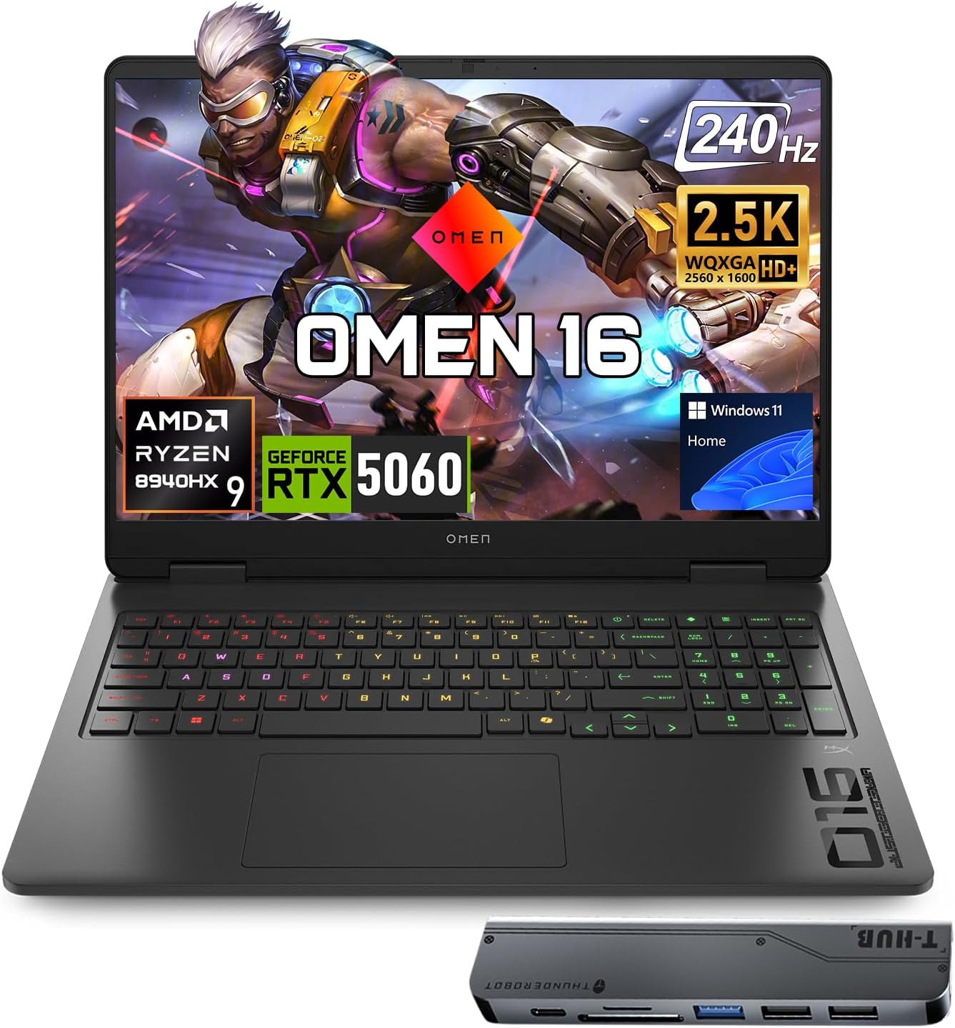 Omen 16" 240Hz Ryzen 9 8940HX & 5060 Gaming Laptop, 32GB DDR5 + 1TB SSD | WQXGA (2560 * 1600) IPS Display, RGB Backlit Keyboard, Numeric Keypad, RJ-45, Webcam Shutter, Wi-Fi 6, Windows 11 Home