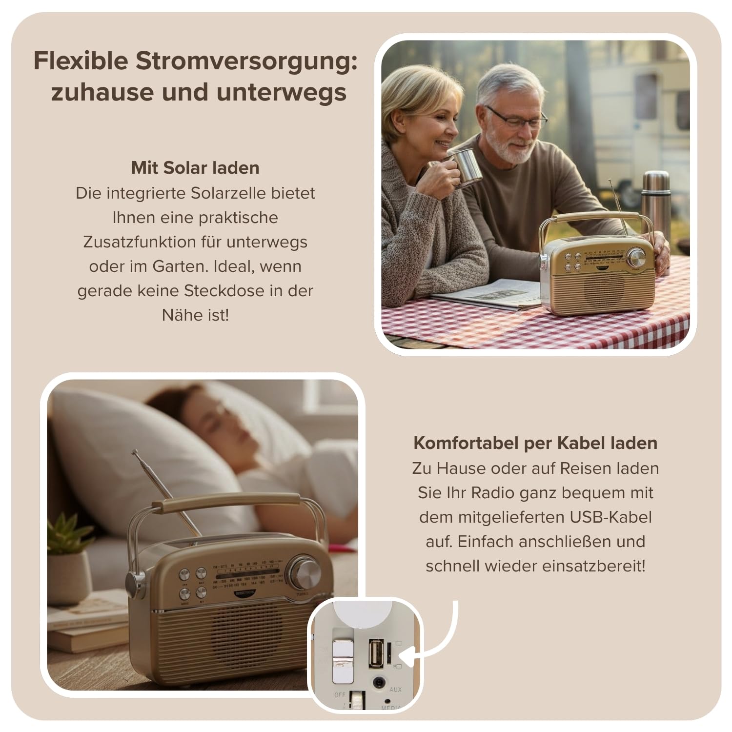 3 PAGEN® tragbares Solar Radio Retro Design – Solar- & Akkubetrieb FM/AM/SW – Bluetooth, USB & Micro-SD – kabellos, kompakt & flexibel - wiederaufladbar