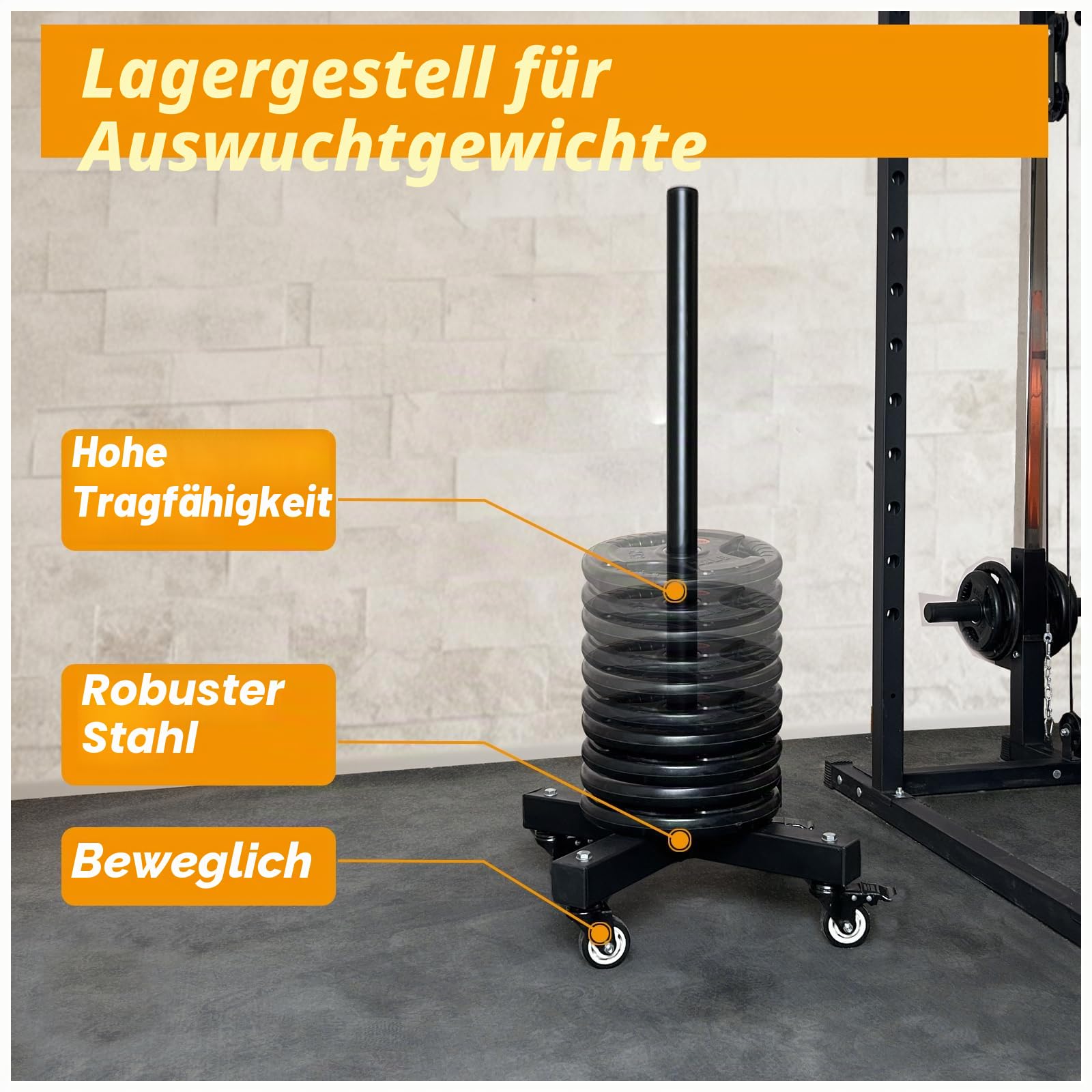 Verbessertes bewegliches olympisches Hantelscheibengestell mit Rad für 5,1 cm Stoßstangenplatten, Gewichtsaufbewahrung, Krafttraining, vertikaler Hantelbaumhalter, Ständer für Zuhause