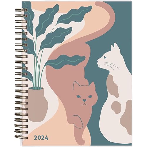 Rileys 2024 Weekly Planner - Cat Annual & Monthly Agenda Planner, Flexible Cover, Notes Pages, Twin-Wire Binding (8 x 6 inch, Pink)