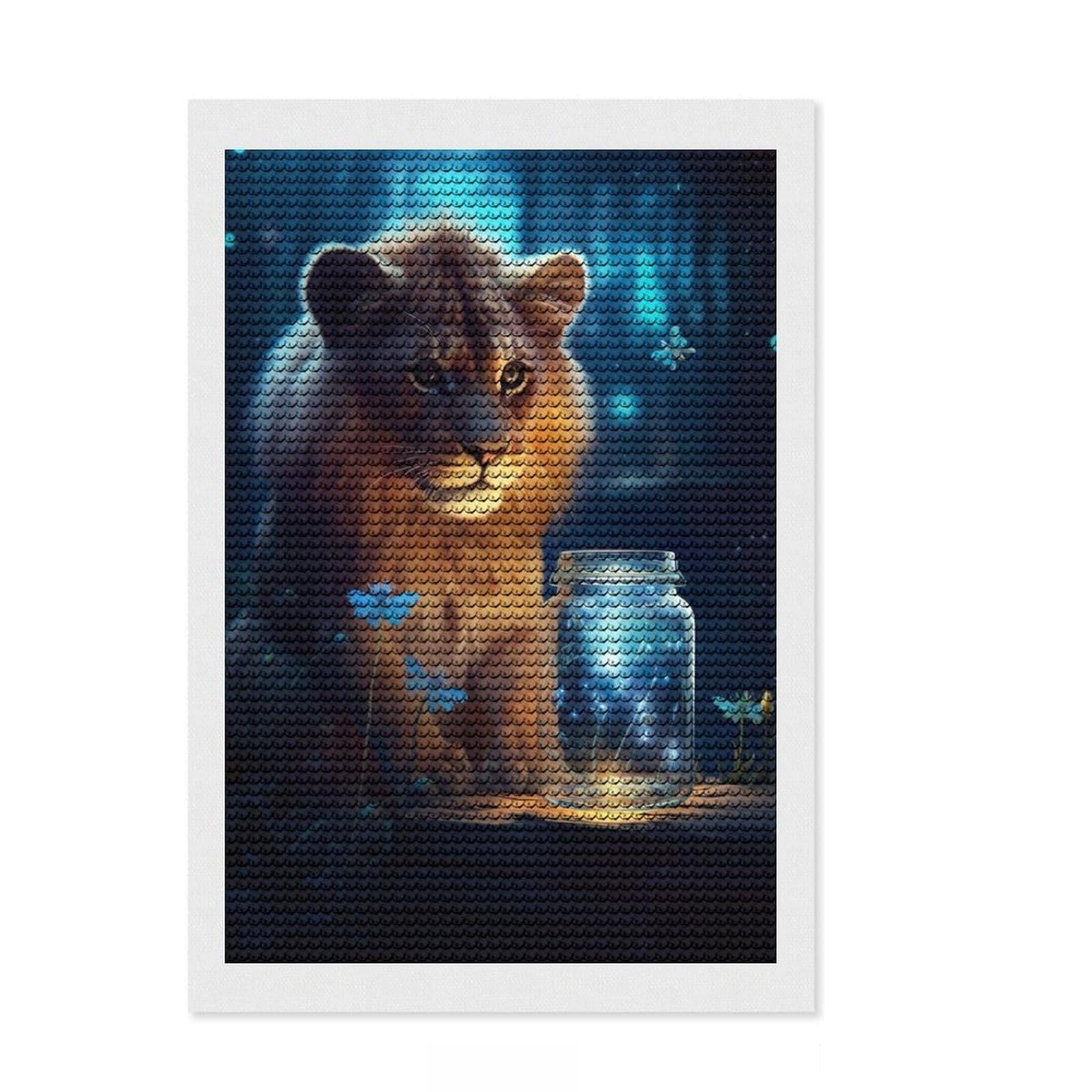 Junmoney Cute Lion Luminous Glow Diamond Painting Set 8"x12", Sparkling Round Gems, Satisfying Creative Project, Fun Craft Experience, Office Decor