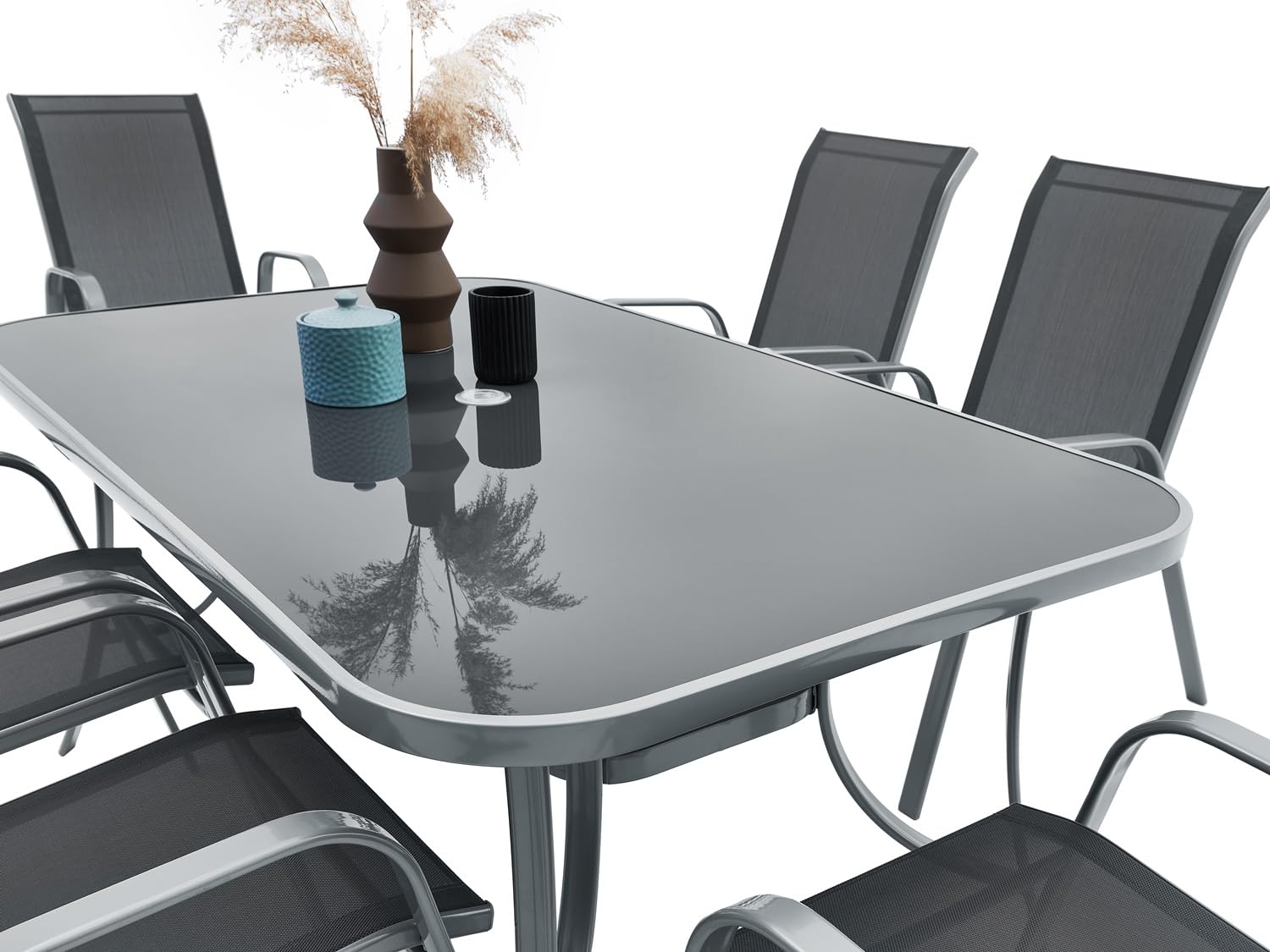Gartentisch Glas Aluminium Grau 150 x 90 cm mit Sicherheitsglas wetterfest Stabiler Esstisch für Garten Terrasse Balkon Wohnzimmer