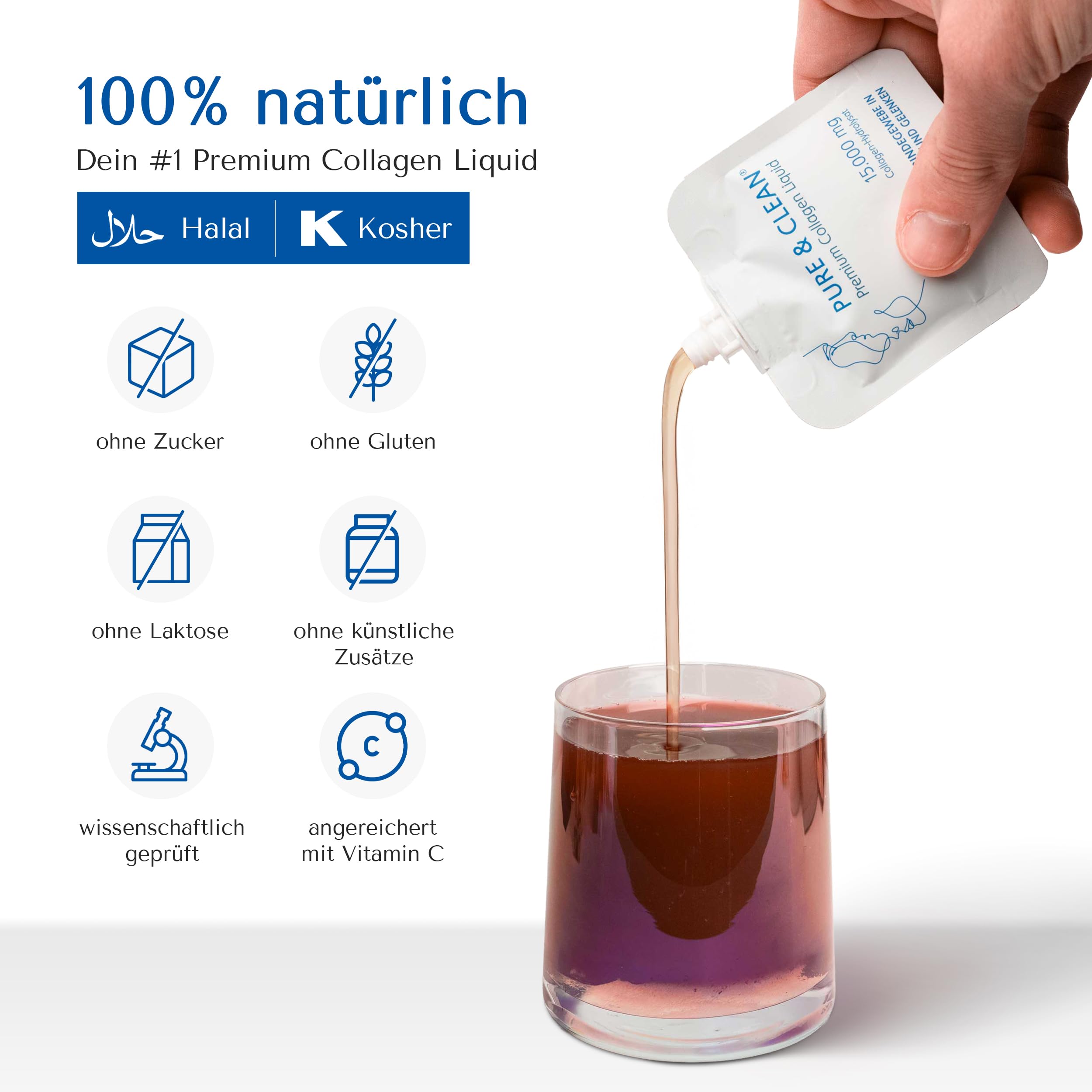 PURE & CLEAN Collagen Liquid 15.000 mg | Höchstdosiert für straffe Haut, Gelenke & Muskeln | Anti-Aging Premium Kollagen, hohe Bioverfügbarkeit, trinkfertig | Mit Vitamin C, 30 Beutel für 30 Tage