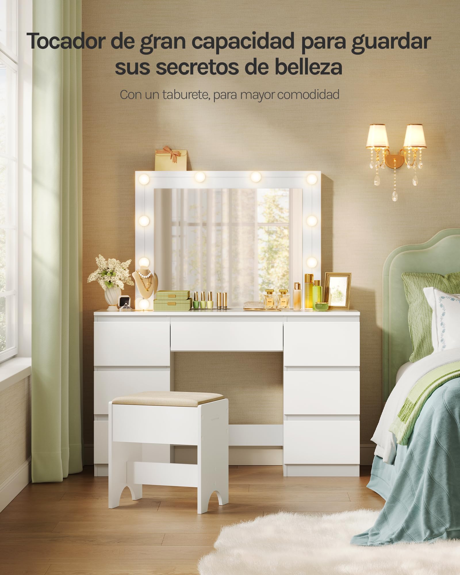 WOLTU Vanity de Maquillaje, Tocador de Maquillaje con Taburete, Tocador con Espejo y Luz LED, Luz Ajustable, con 7 Cajones, para Dormitorio, Sala de Belleza y Vestidor, 107x39,5x140,5 cm, Blanco