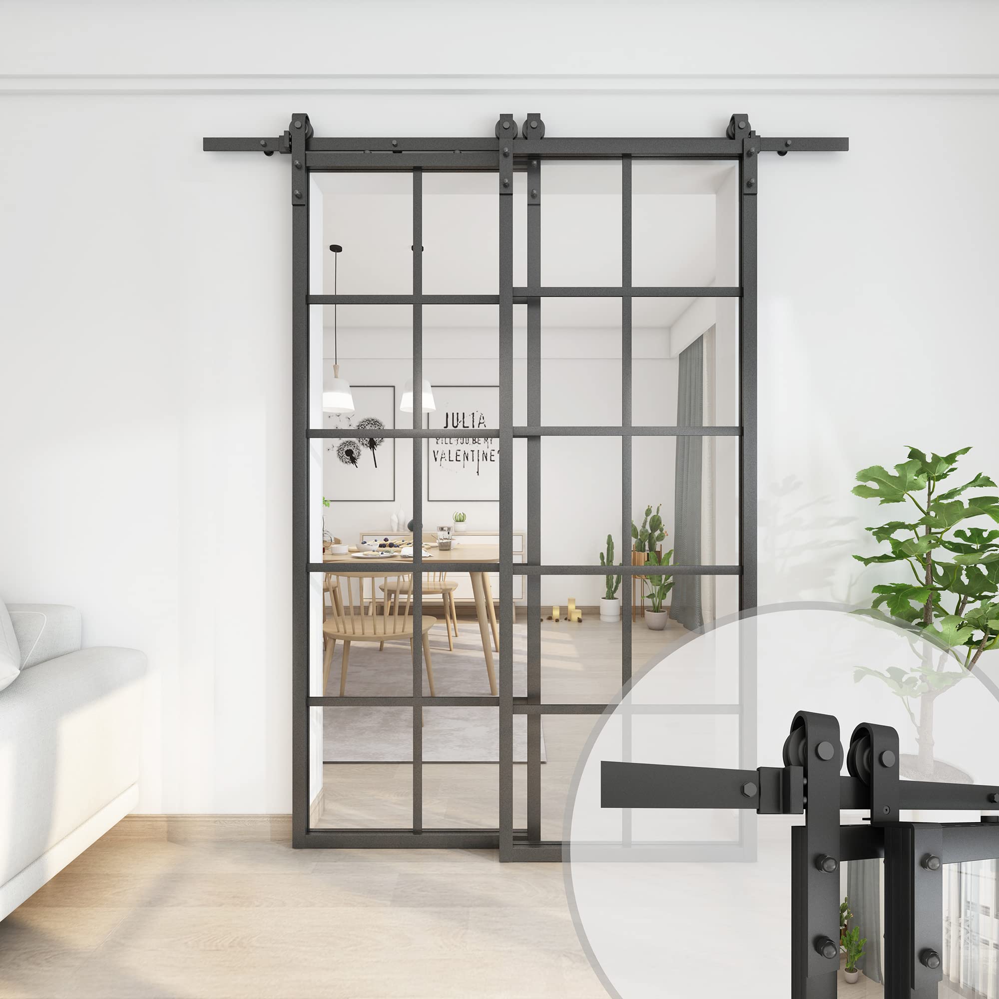 JUBESTBypass Double Glass Barn Door 60 x 84 in with 6.6FT Hardware Kit, 2 Sets of 30x84 in Clear Tempered Glass Aluminum Frame Sliding Closet Kitchen Door(Fit Max Opening 55 3/8"), Easy Assembly