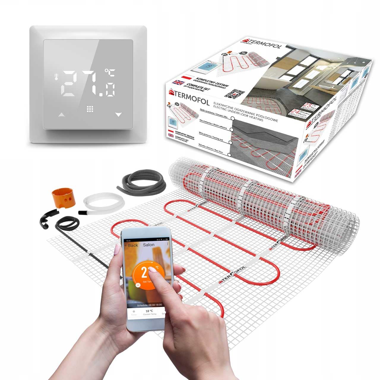 Termofol Set Heizmatte mit Thermostat - Elektrische Fußbodenheizung fur Badezimmer, Wohnzimmer und Küche - Heizfolie mit Heizkraft 150W/m2 - Oberfläche 3,0 m² - Mit digitalem Heizungsthermostat WiFi
