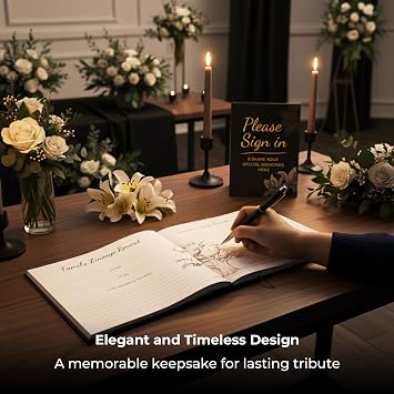 Funeral Memory Book Set, Leather Hardcover Book of Condolences Memory Book with Pen, Table Sign & Photo Tape, Remembrance Condolence Book for Funerals, Memorial Services, and Celebration of Life Event
