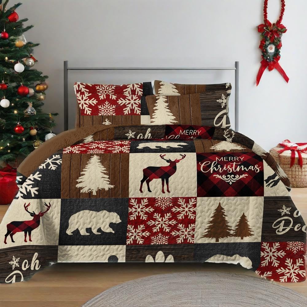 NIDITW 3-Piece Christmas Patchwork Quilt Set King Size Deer Bear Snowflake Pine Tree Brown Bedspread with 2 Pillow Shams Soft Lightweight Microfiber Bedding Set Coverlet Home Decor (New Brown, King)