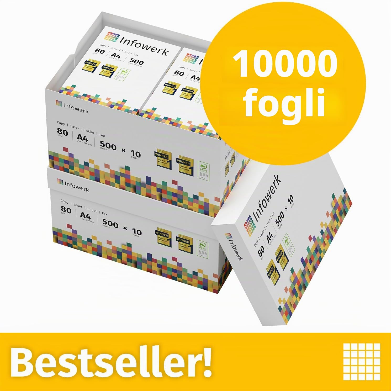 Carta per stampante e fotocopiatrice, 10.000 fogli, 20 x 500 fogli, formato A4, 80 g, colore bianco brillante, certificata CEE 160 PEFC