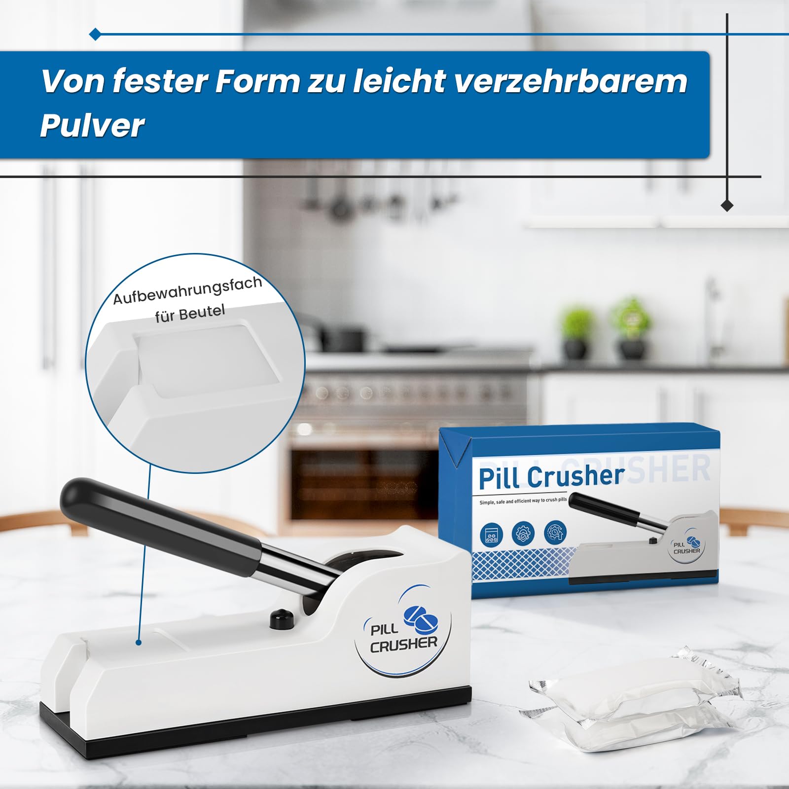 Tablettenmörser mit 100 Beutel, Feinpulver Tablettenzerkleinerer, Mörser Mit Stößel, Medizinische Tablettenpresse für Senioren, Kinder, Haustiere, Pill Crusher