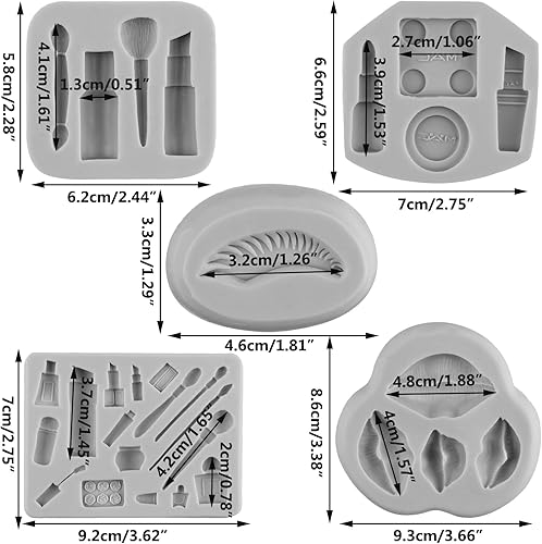 Miniatura 2 de MINFEIDMS Moldes de silicona con temática de maquillaje, moldes para fondant, para besos, labios, lápiz labial, perfume, pestañas, cepillo para