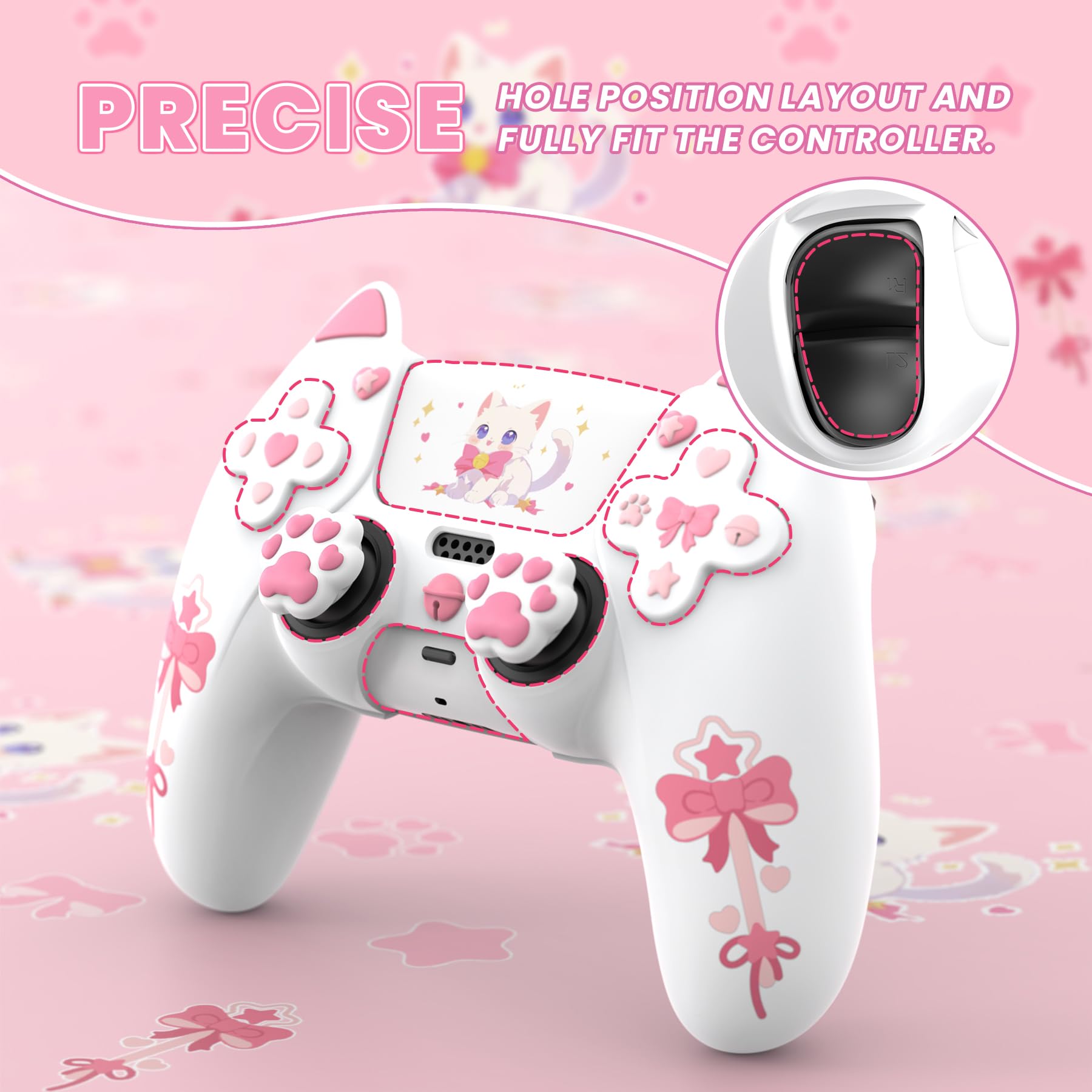 PlayVital Cover Joystick per ps5 Controller,Skin Silicone Antiscivolo&6 Copri Analogici&Adesivi,Custodia per ps5 Joypad-Compatibile con Base di Ricarica-Gattino Carino,Bianco