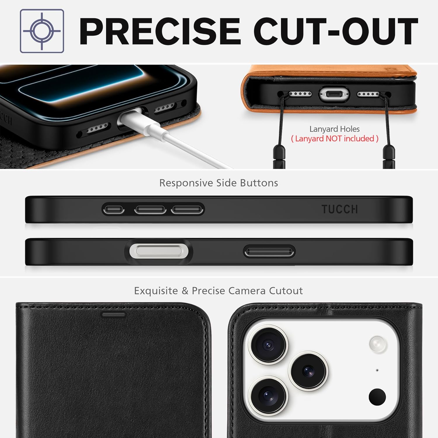 TUCCH Wallet Case for iPhone 17 Pro (6.3") 2025, RFID Blocking 4 Card Slots, Kickstand, Shockproof TPU Shell, PU Leather, Magnetic Closure, Protective Flip Folio Cover, Black & Brown