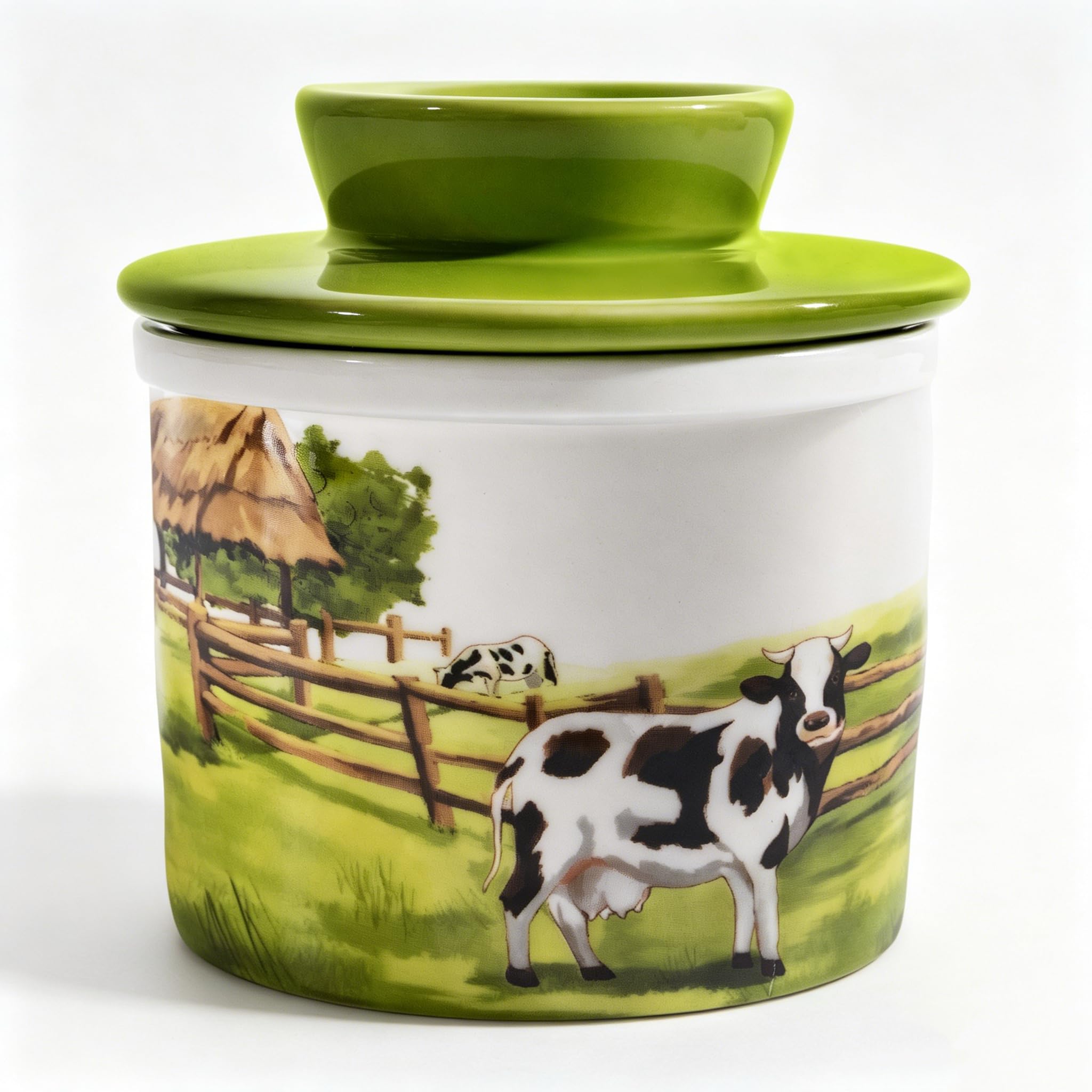 Butter Dish with Lid, French Ceramic Butter Crock Keeper with Water Line Keep Spreadable Soft Fresh Butter, Butter Container Jar Modern Farmhouse Kitchen Decor Housewarmming Gift, Cow