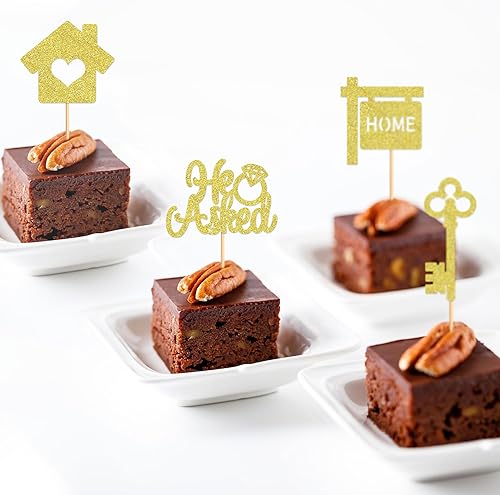 Miniatura 6 de Ercadio Paquete de 30 adornos para cupcakes Sweet Home con purpurina dorada para bienvenida a casa, candado de llave para inauguración de la casa,