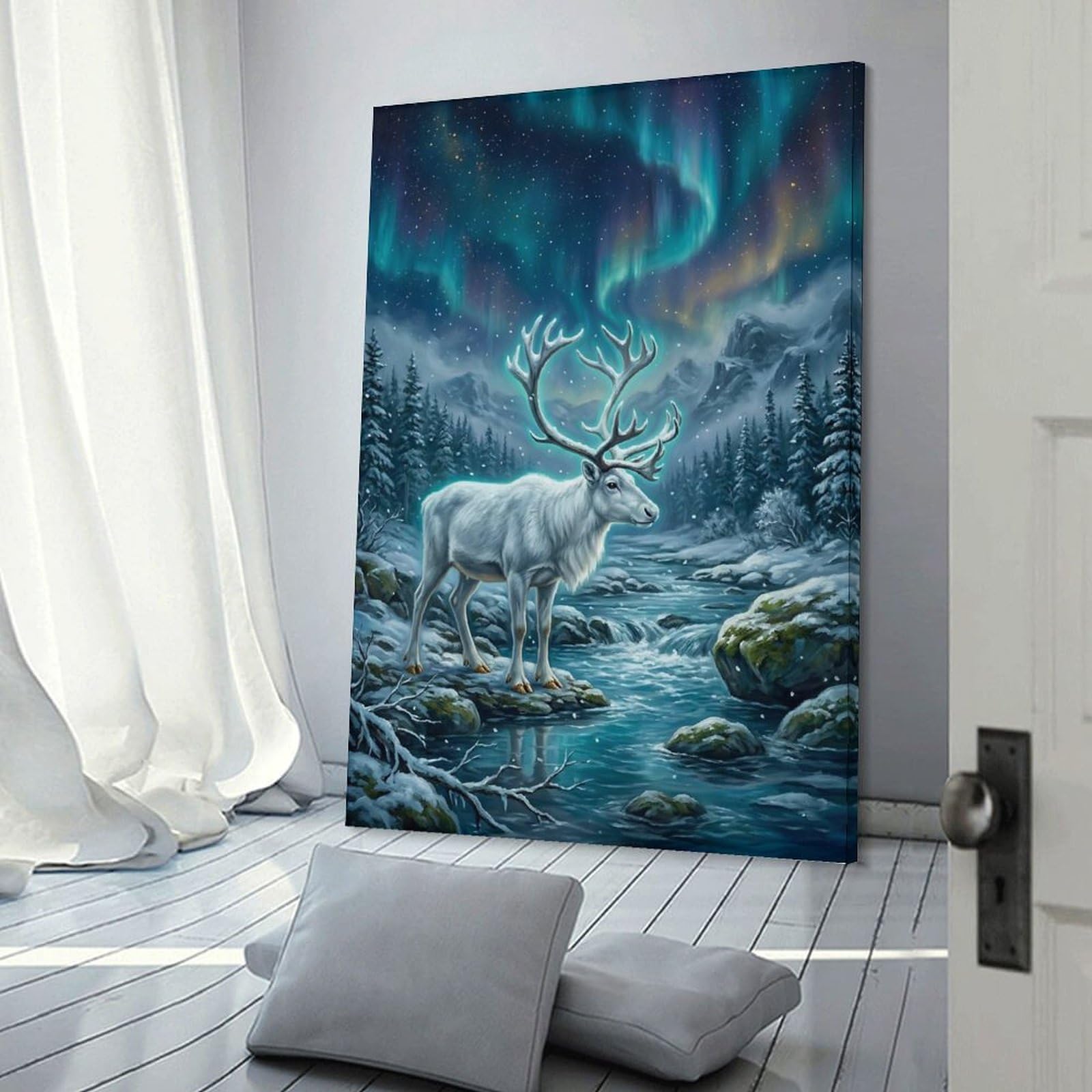 Junmoney Wall Decor Canvas Print Reindeer Under Aurora Borealis, 12x18inch(30x45cm), for Study, Office Or Apartment Decor, Canvas Artwork with Gifting Potential